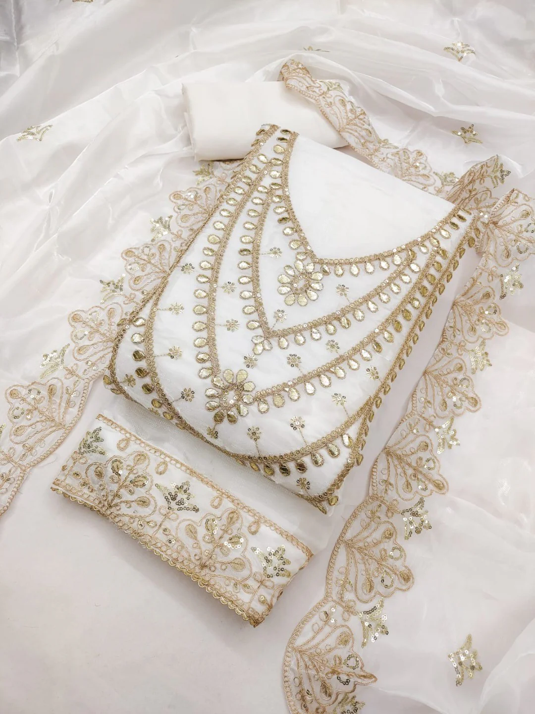 Stunning White Floral Art Silk Dress Material Adorned With Gota Patti & Sequins Embroidery - Image 3
