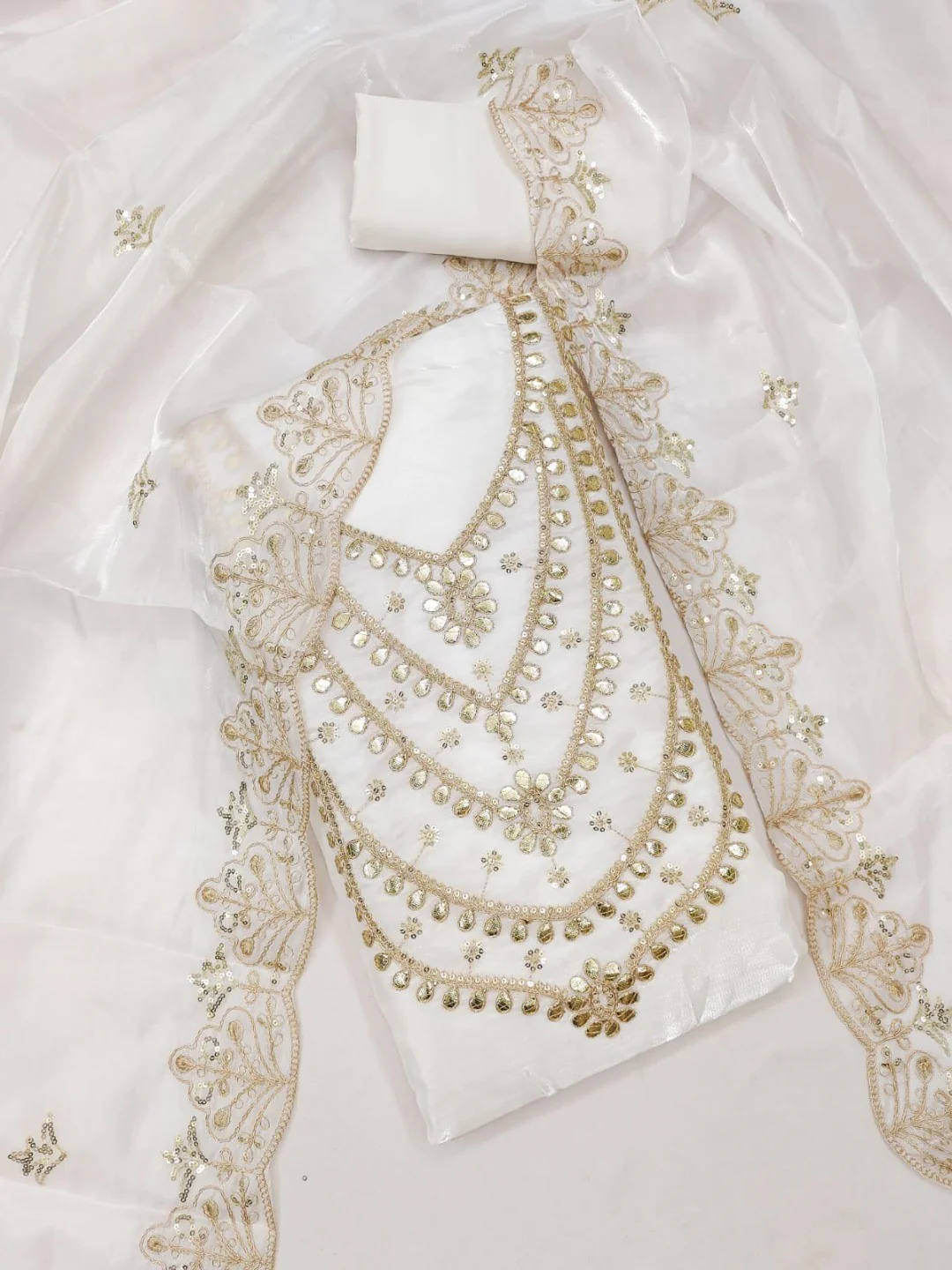 Stunning White Floral Art Silk Dress Material Adorned With Gota Patti & Sequins Embroidery - Image 4