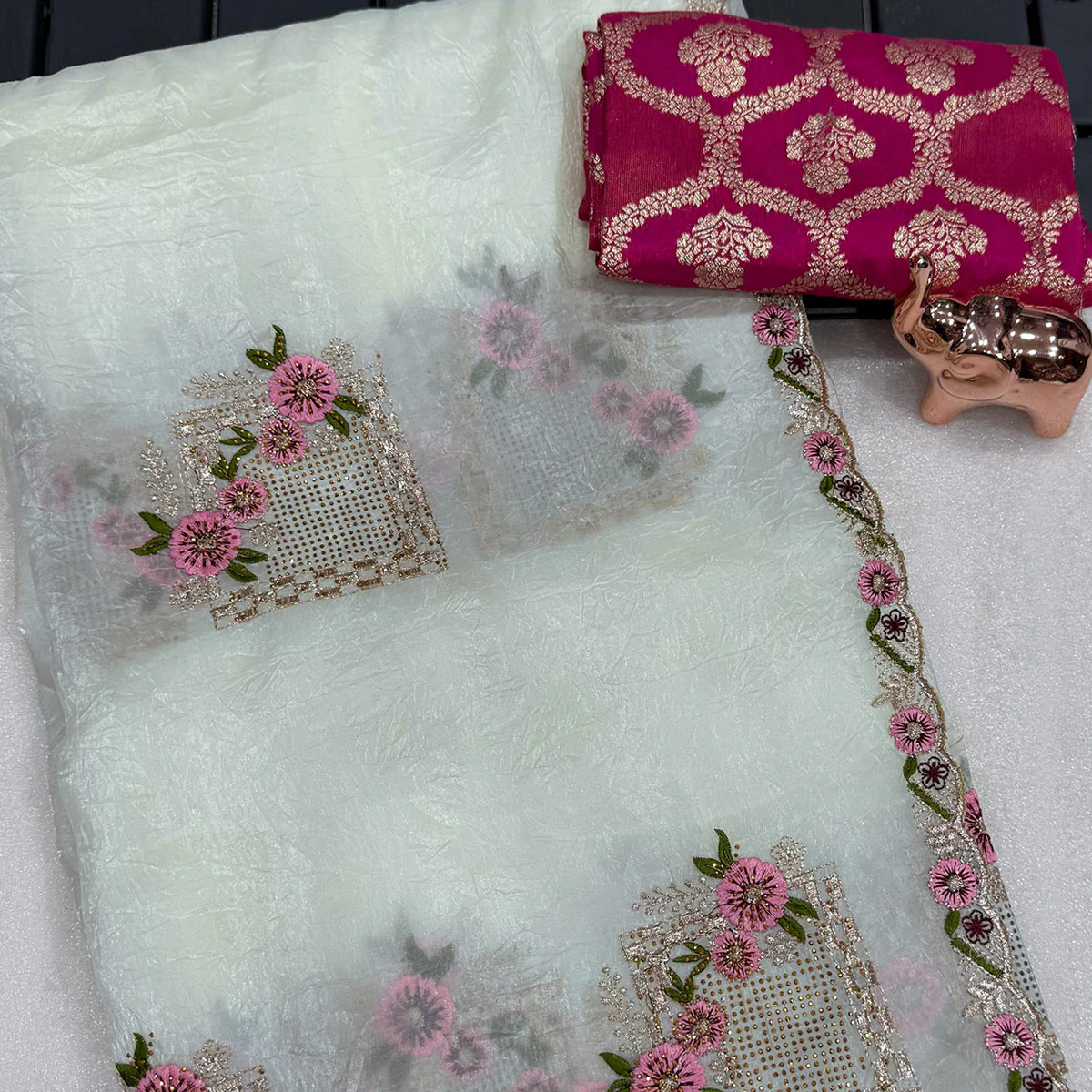 Stunning White Floral Embroidery & Swarovski Adorned Paper Silk Saree with Cutwork Border - Image 2