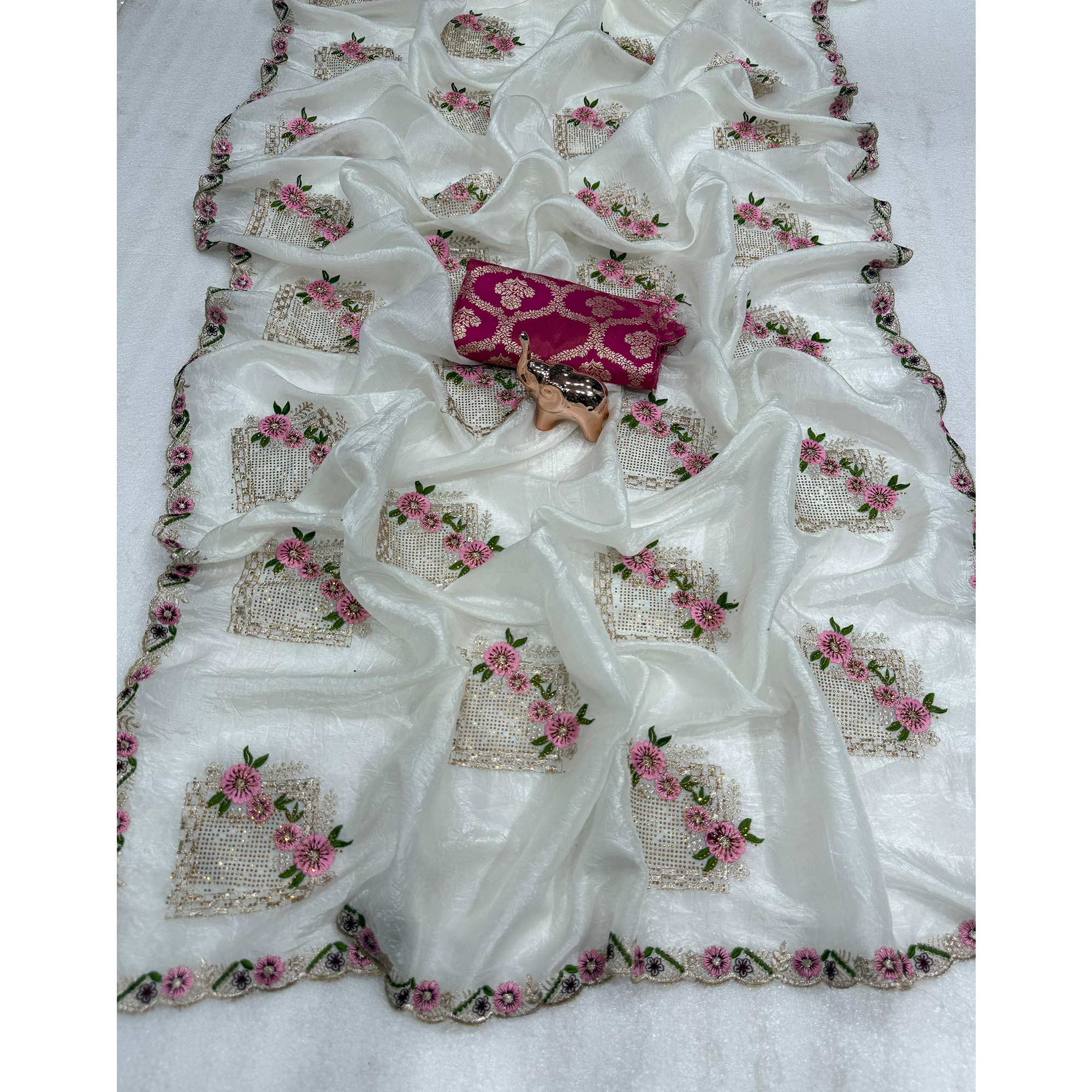 Stunning White Floral Embroidery & Swarovski Adorned Paper Silk Saree with Cutwork Border - Image 3