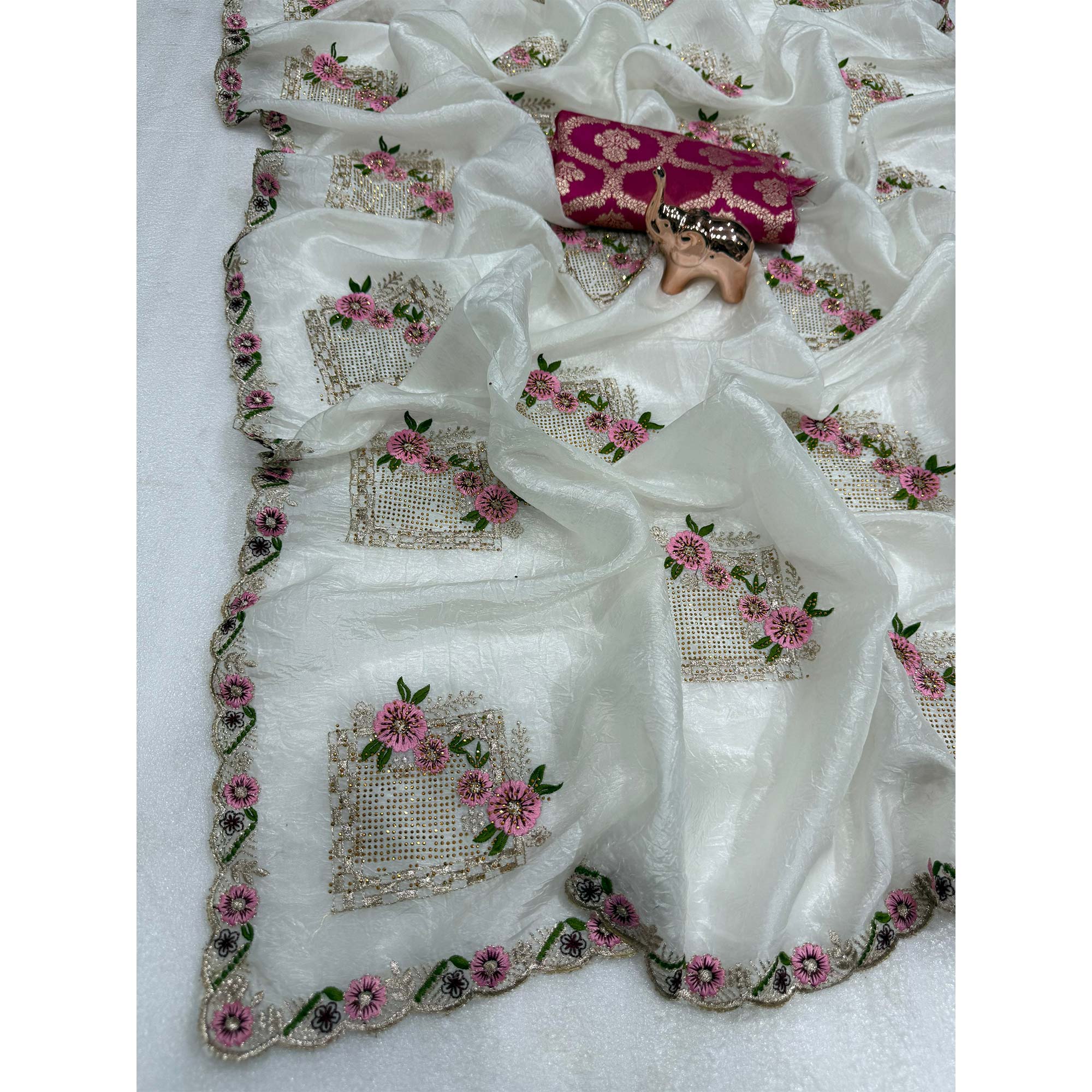 Stunning White Floral Embroidery & Swarovski Adorned Paper Silk Saree with Cutwork Border - Image 4