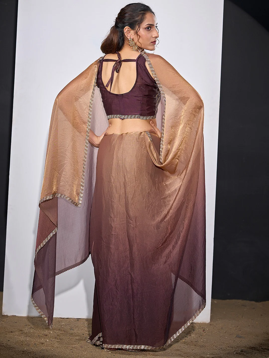 Stunning Wine & Brown Satin Silk Ombre Saree Adorned With Sparkling Stone Work Border - Image 4
