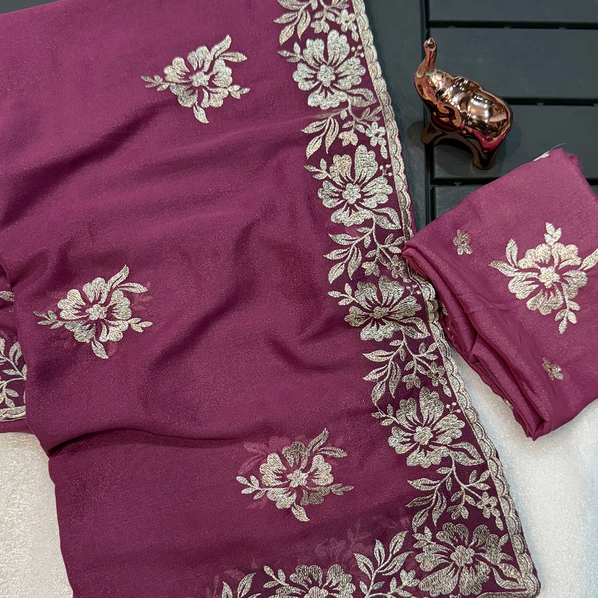 Stunning Wine Georgette Saree with Floral Zari Embroidery & Ornate Cutwork Border - Image 2