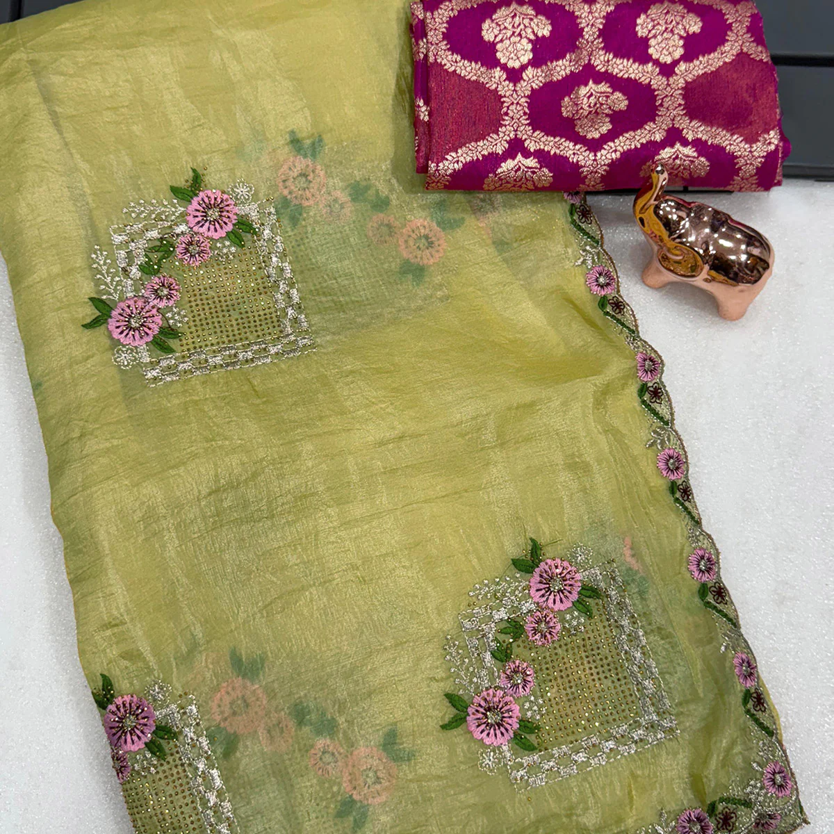 Stunning Yellow Floral Embroidery & Swarovski Adorned Paper Silk Saree with Cutwork Border - Image 2