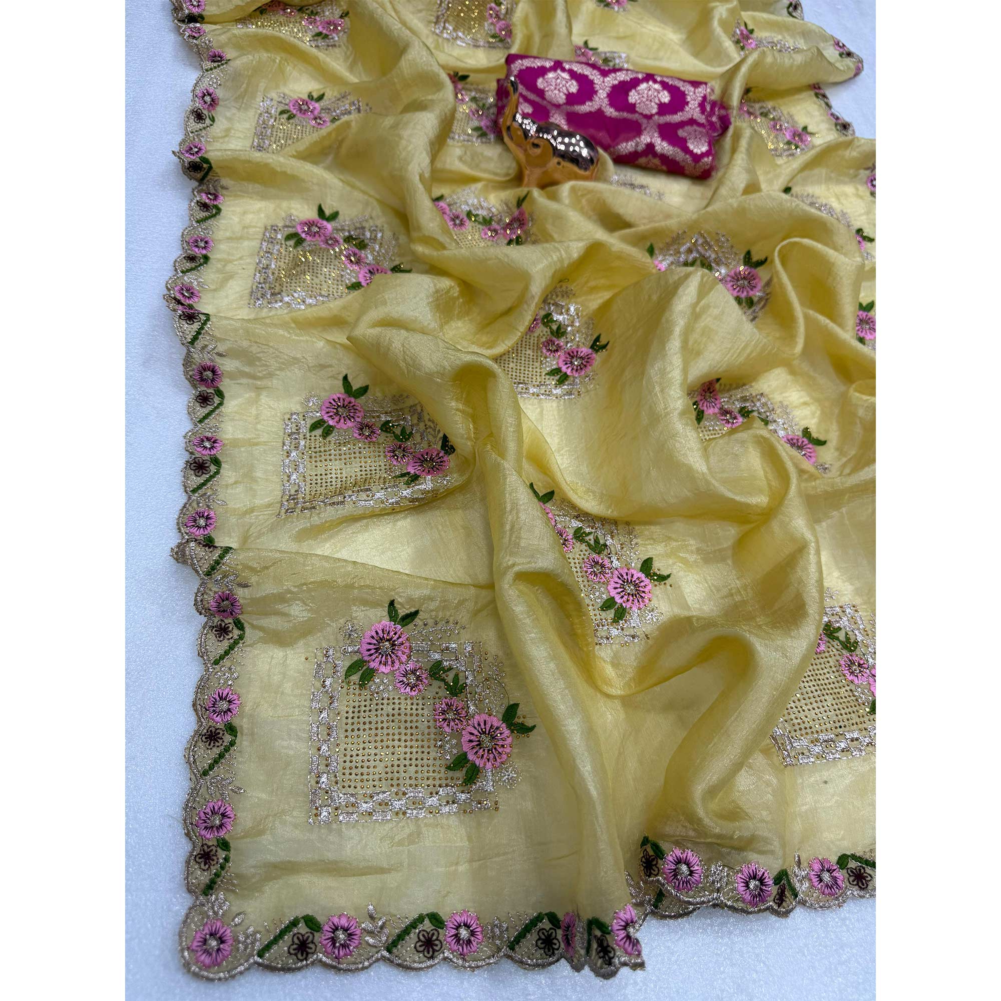 Stunning Yellow Floral Embroidery & Swarovski Adorned Paper Silk Saree with Cutwork Border - Image 4