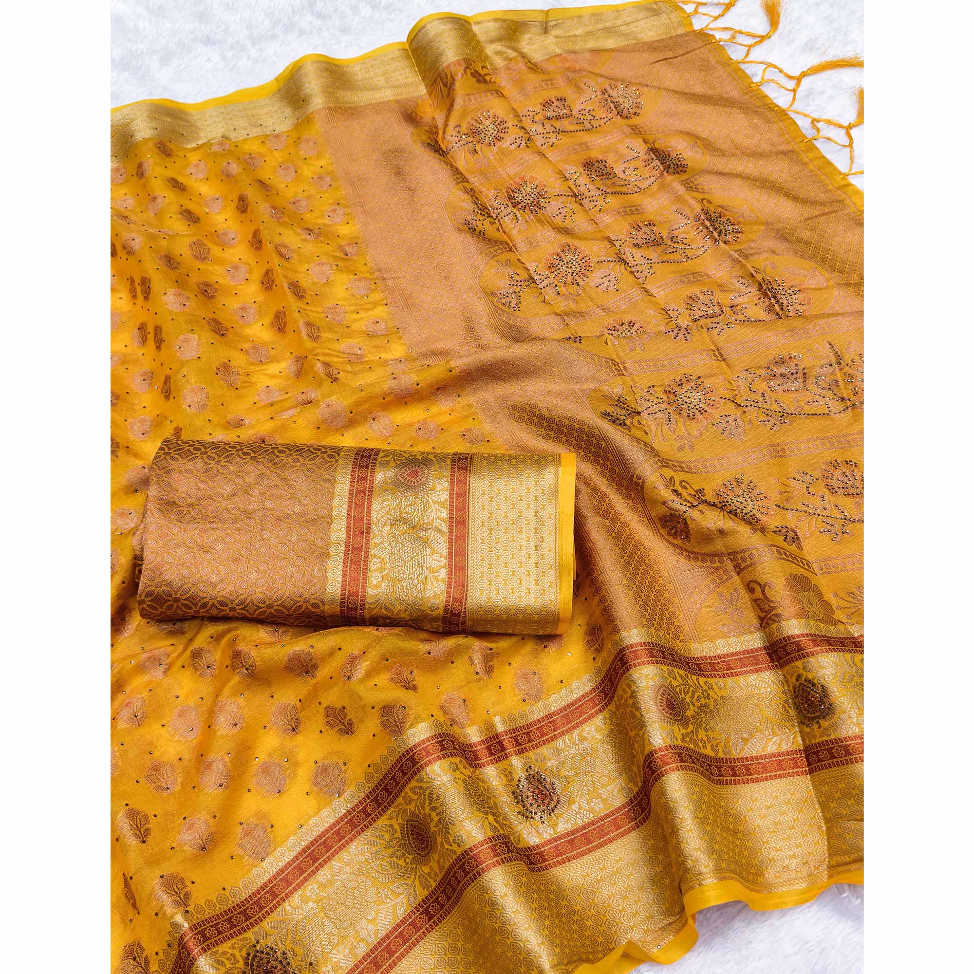 Stunning Yellow Floral Weaving Banarasi Crushy Silk Saree With Stone Work & Tassel Pallu - Image 3