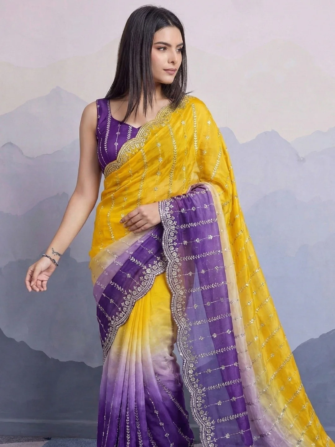 Stunning Yellow & Purple Ombre Organza Satin Silk Saree With Sequins Embroidery & Scalloped Border - Image 2