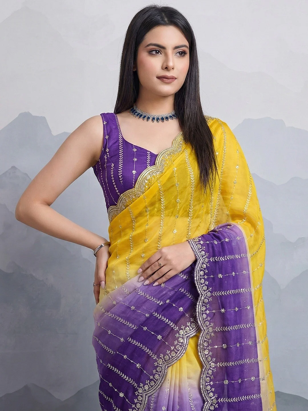 Stunning Yellow & Purple Ombre Organza Satin Silk Saree With Sequins Embroidery & Scalloped Border - Image 3