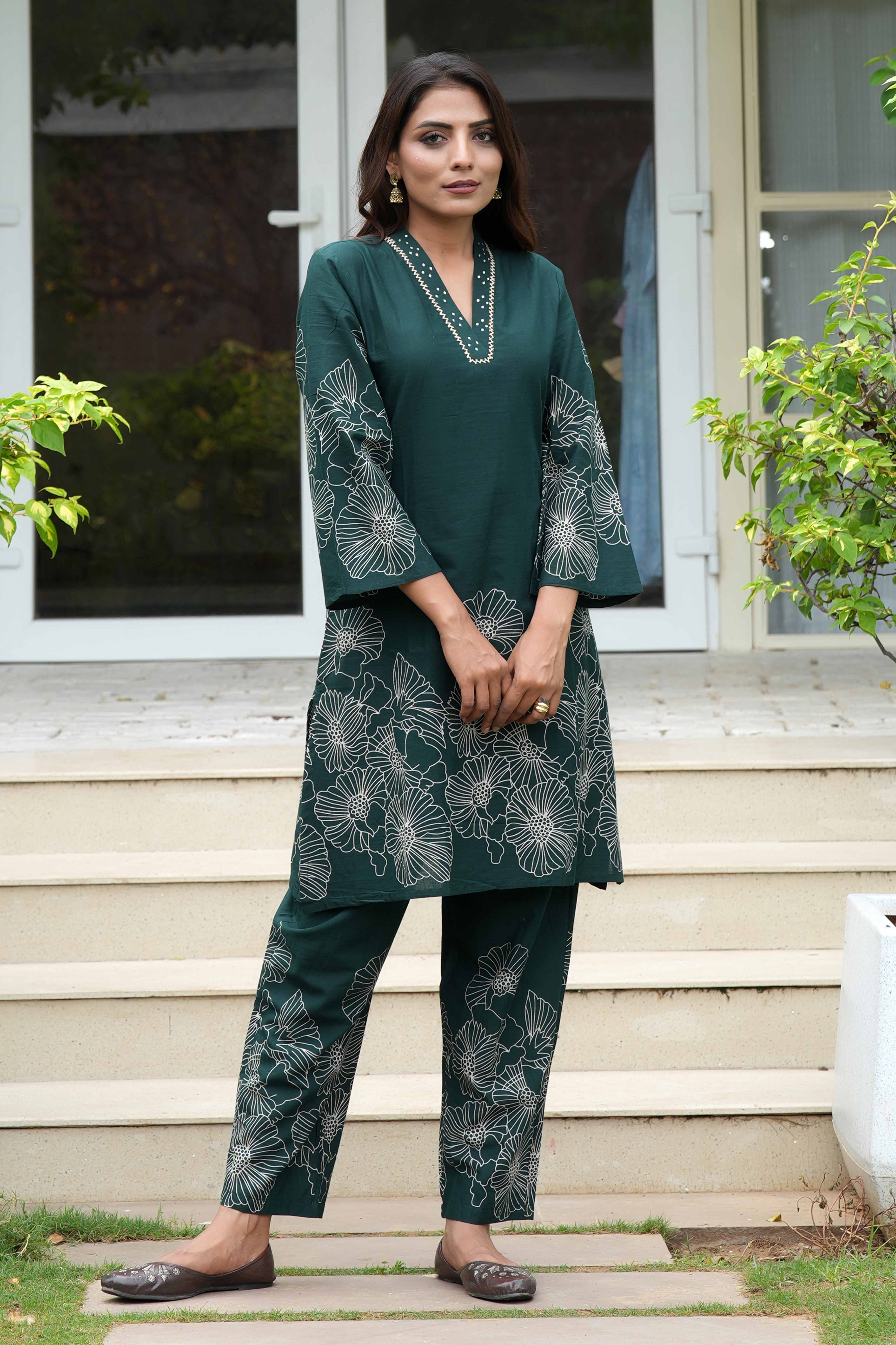 Stylish A-Line Cotton Co-Ord Set in Bottle Green with Floral Prints - Image 5