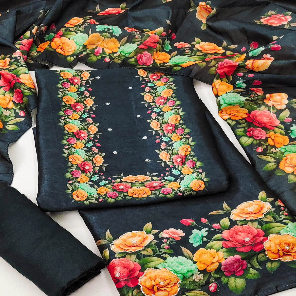Stylish Black Assam Art Silk Dress Material Accented With Floral Digital Print & Khatli Work - Image 2