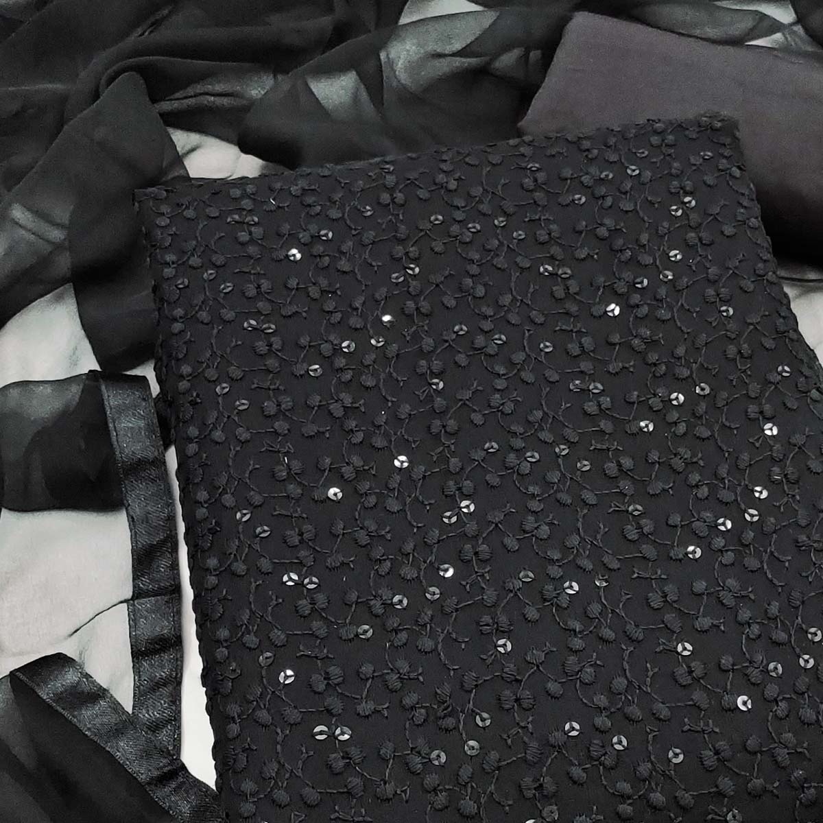 Stylish Black Thread Embroidered With Sequins Work Georgette Dress Material For Ethnic Styling - Image 2
