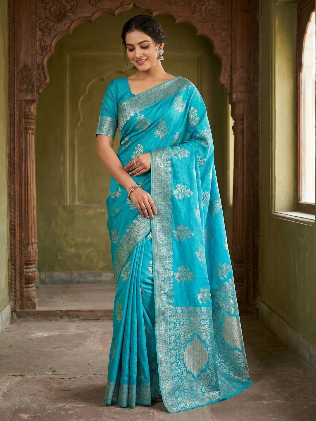 Stylish Blue Crepe Saree with Floral Zari Work Elegant Occasion Wear