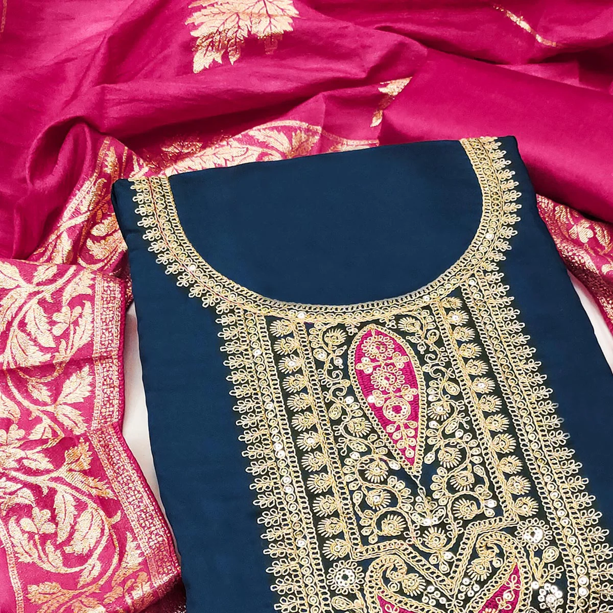 Stylish Blue Floral Cording Embroidered Silk Blend Dress Material Accented With Sequins Work - Image 2