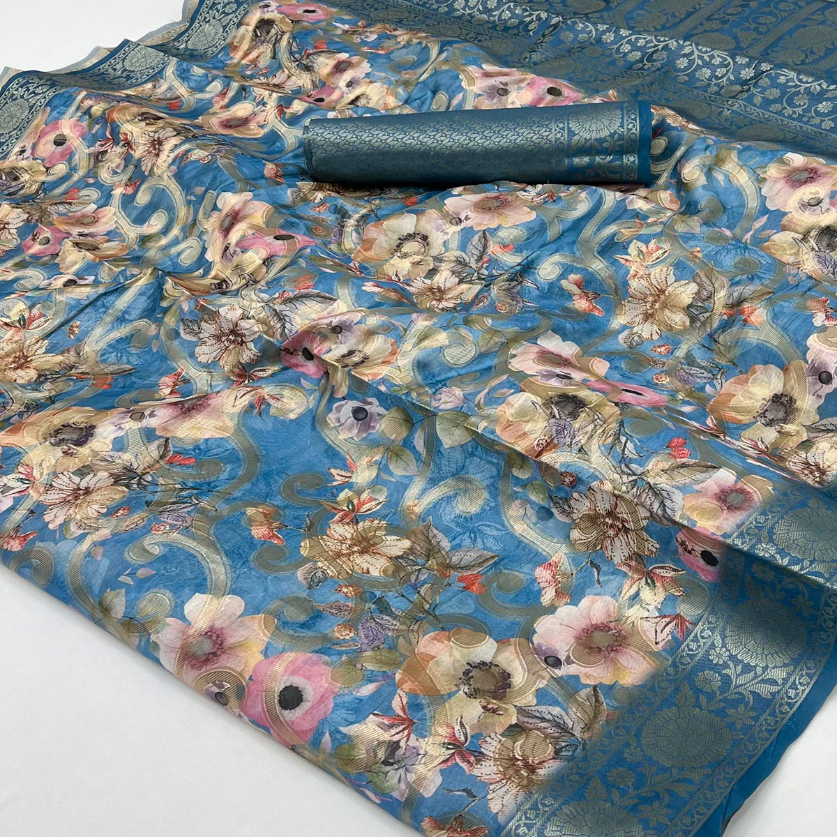 Stylish Blue Floral Woven & Digital Printed Silk Blend Saree With Tassel Pallu - Image 2