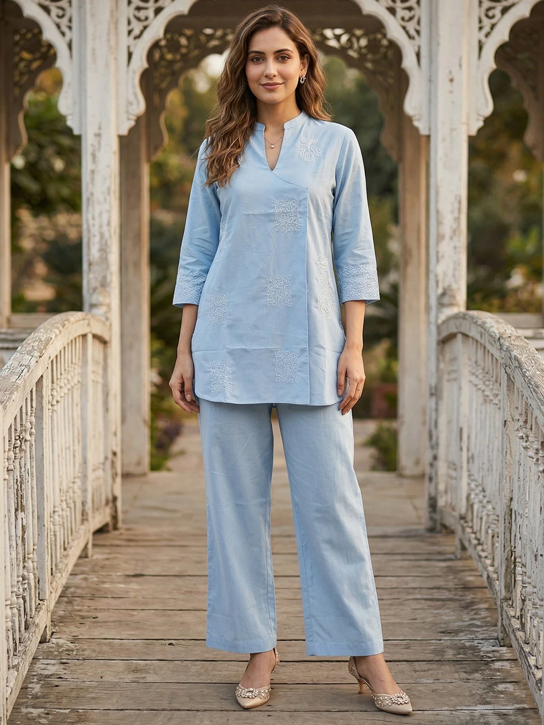 Stylish Blue Pure Cotton Angrakha Style Co-ord Set with Embroidered Top and Matching Bottom