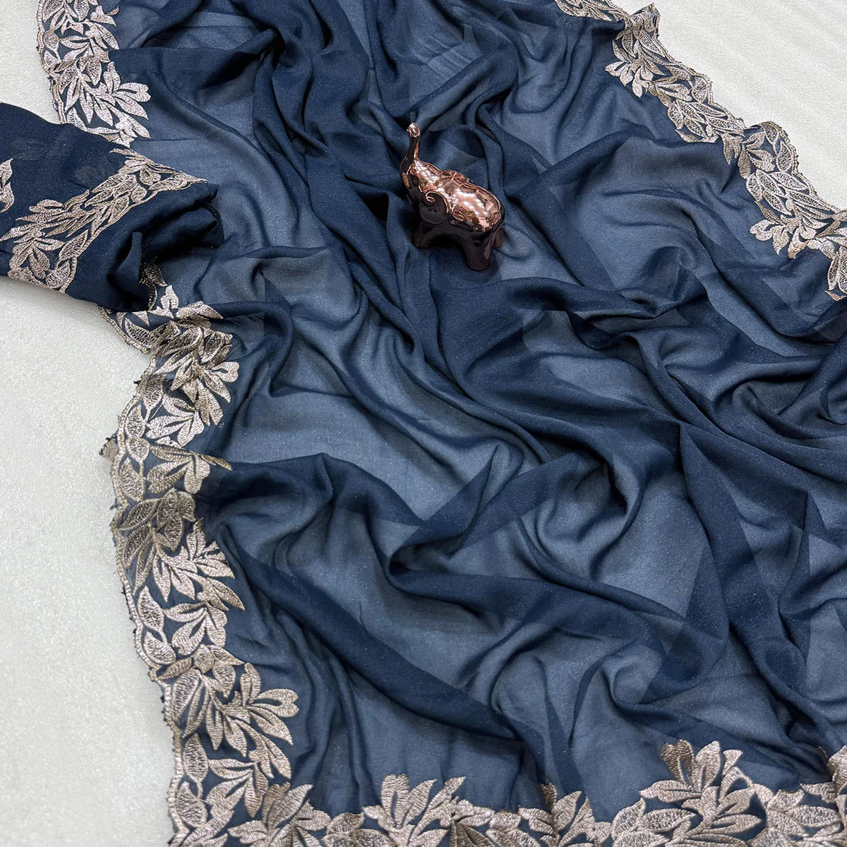 Stylish Blue Star Chiffon Saree with Traditional Zari Embellished Border - Image 2