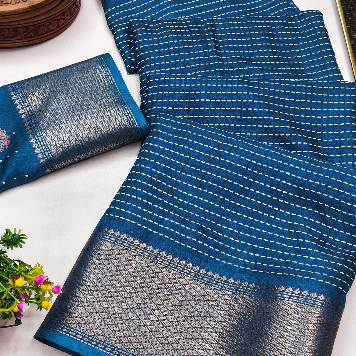 Stylish Blue Striped Print Dola Silk Saree Adorned With Textured Weaving Border - Image 2