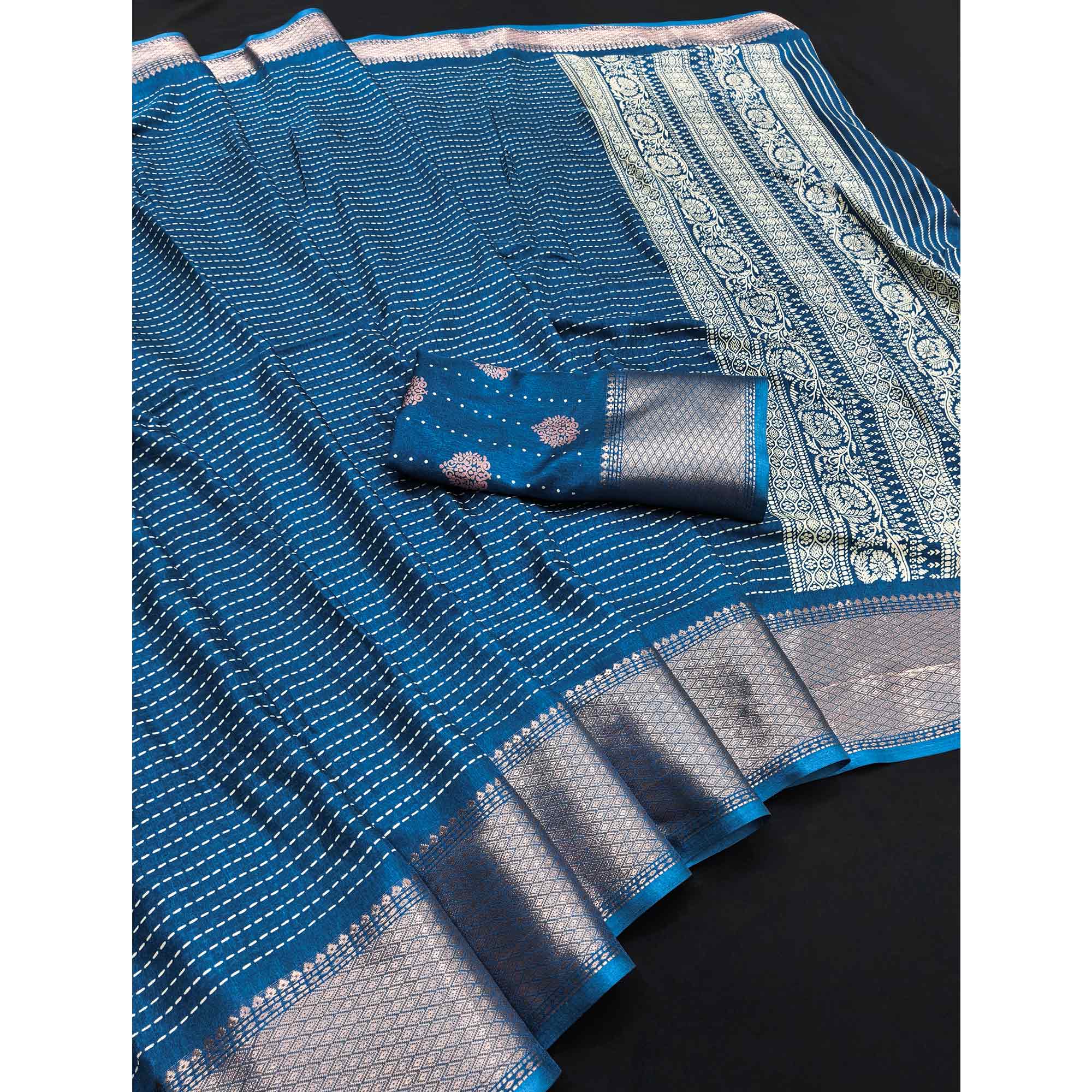 Stylish Blue Striped Print Dola Silk Saree Adorned With Textured Weaving Border - Image 3