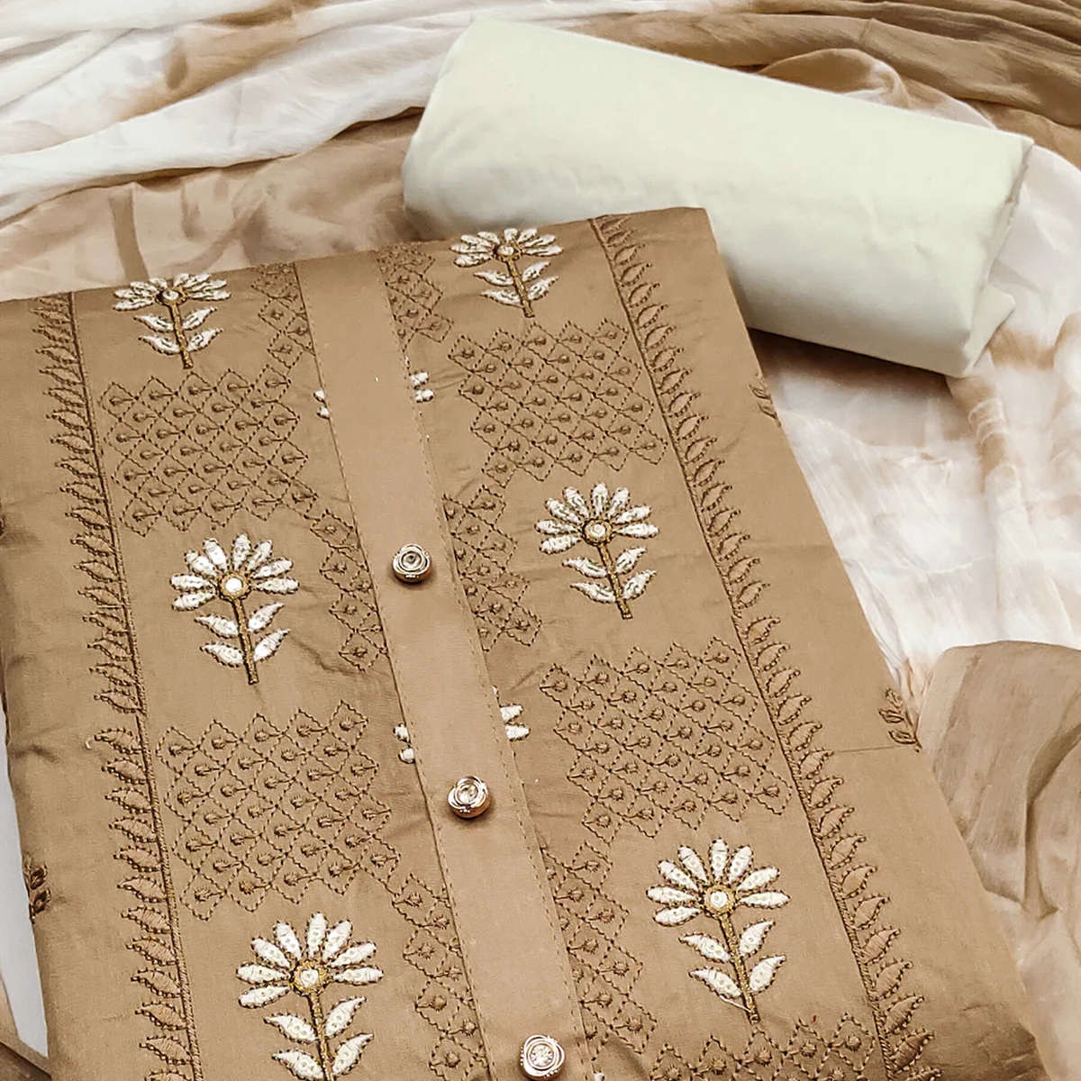 Stylish Chikoo Flower Motif Embroidery With Sequins Work Cotton Blend Dress Material - Image 2