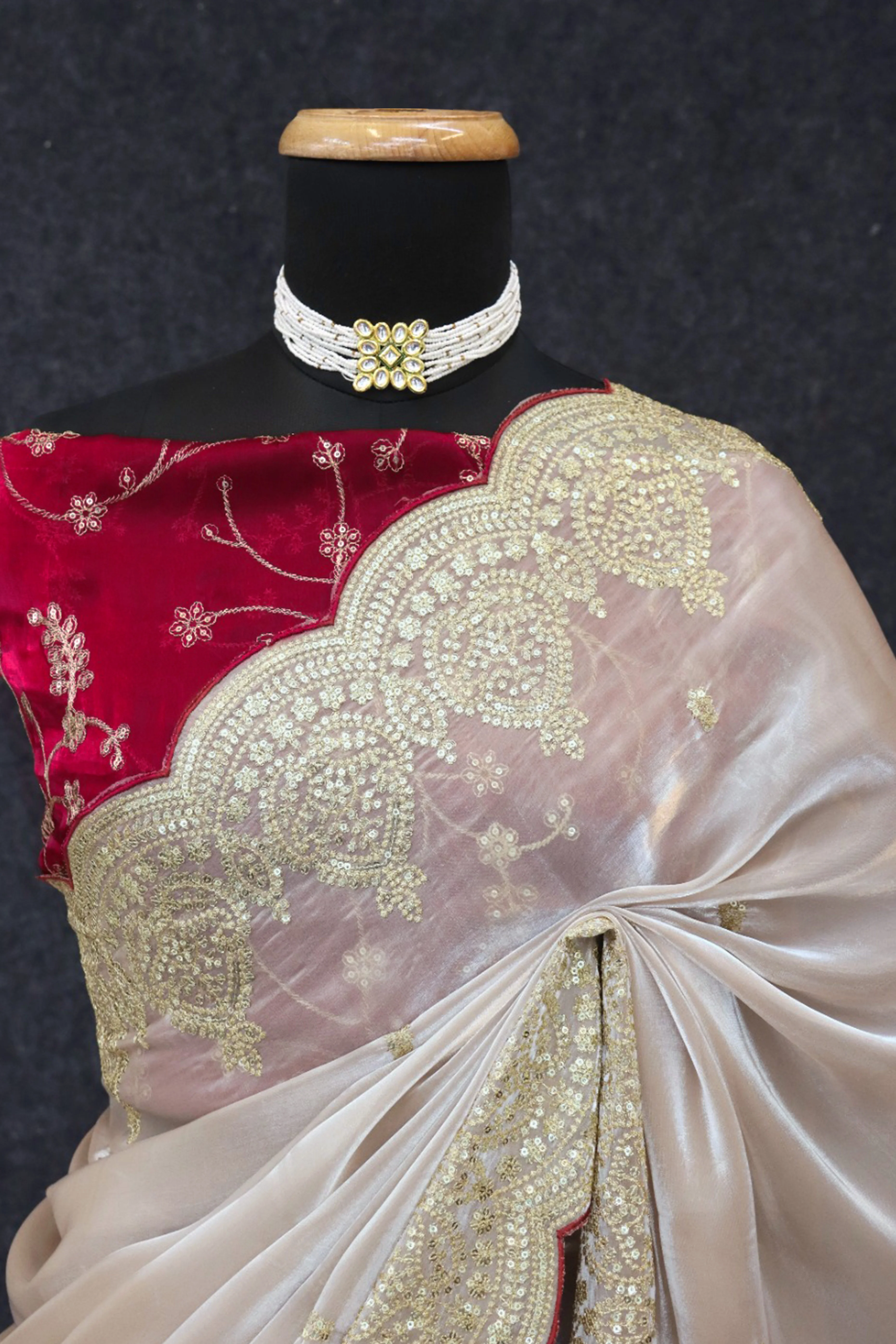 Stylish Chikoo Jimmy Choo Satin Silk Saree Beautified with Floral Zari Embroidery & Sequins Work - Image 6