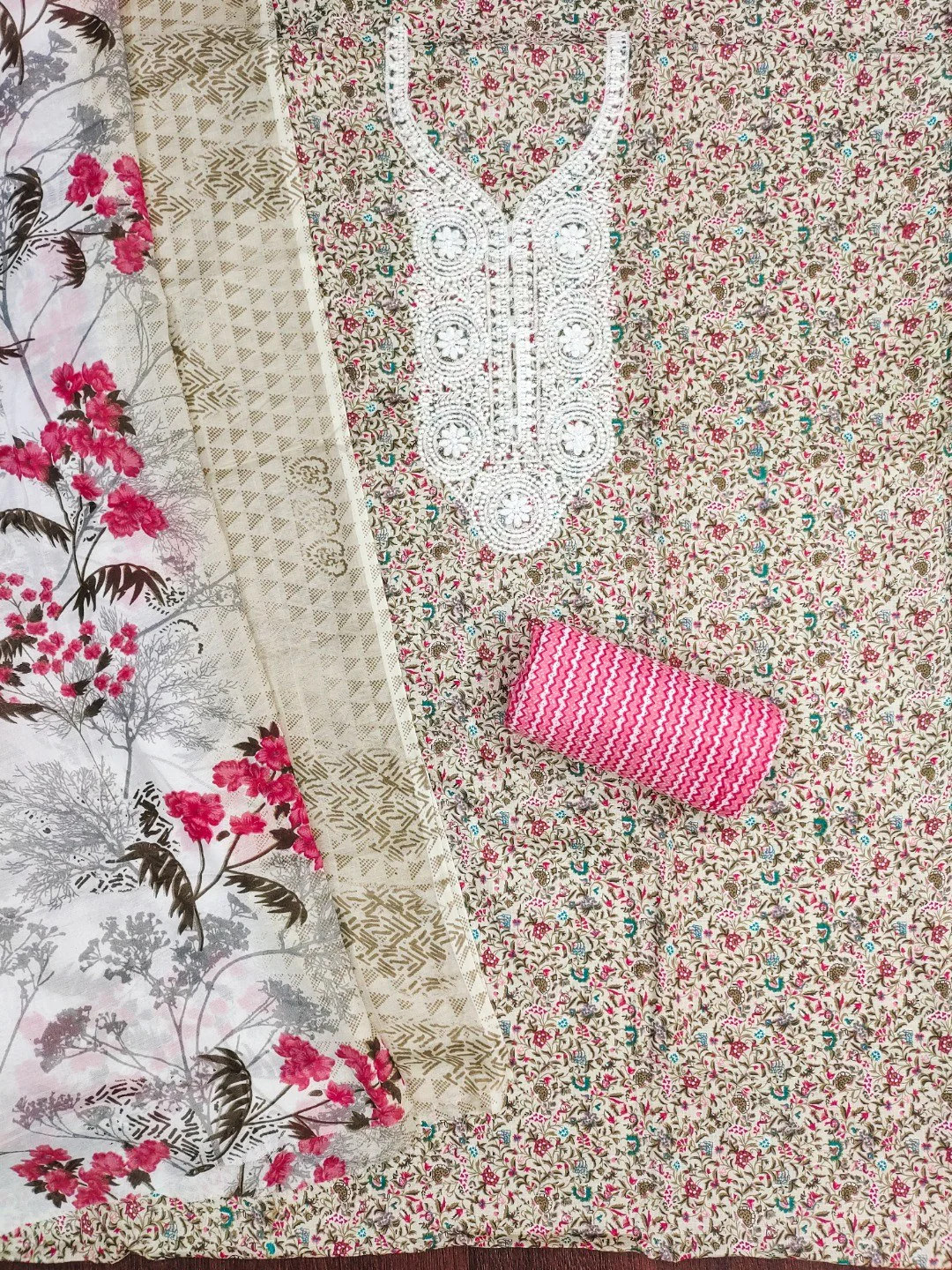 Stylish Cream & Gajari Pink Floral Printed Cotton Blend Dress Material With Embroidery Neck Work - Image 3