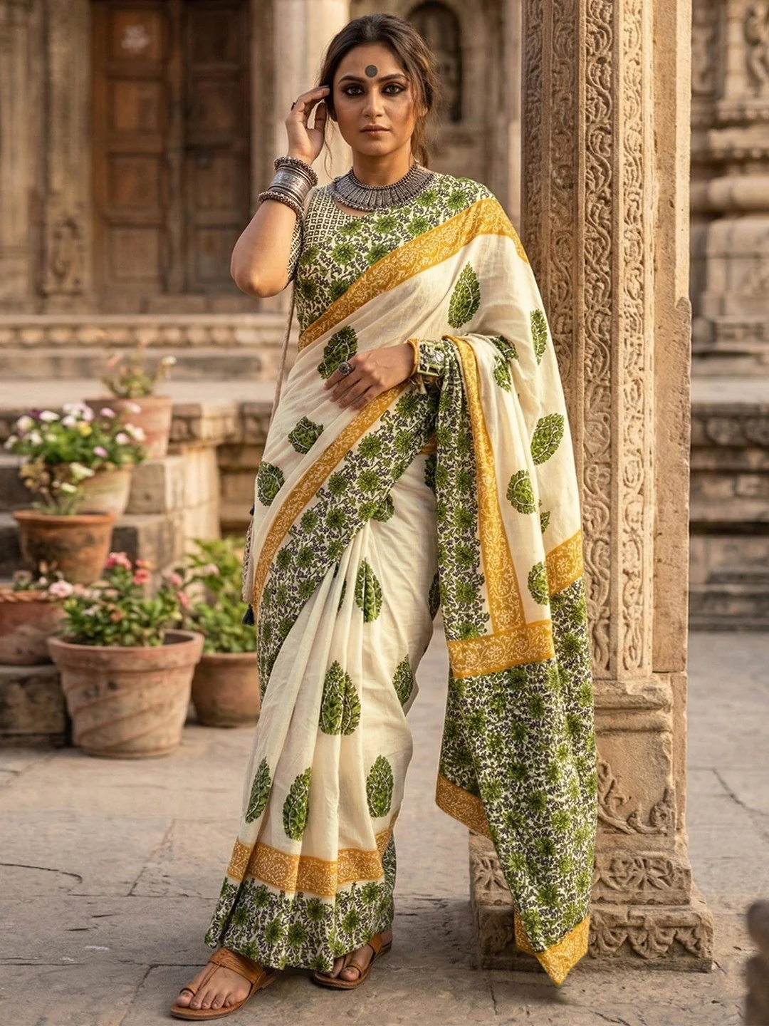 Stylish Cream & Green Floral Print Mulmul Cotton Saree With Delicate Work