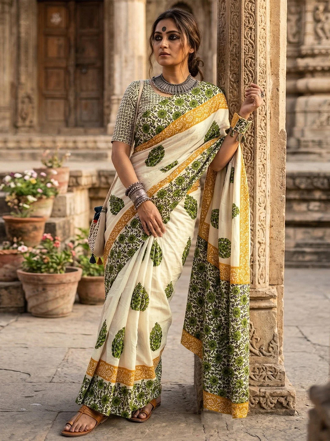 Stylish Cream & Green Floral Print Mulmul Cotton Saree With Delicate Work - Image 4