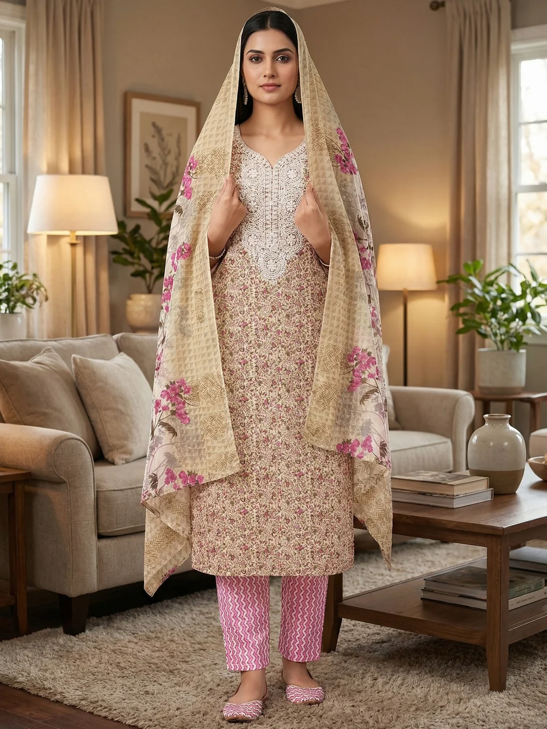Stylish Cream & Pink Floral Printed Cotton Blend Dress Material With Embroidery Neck Work