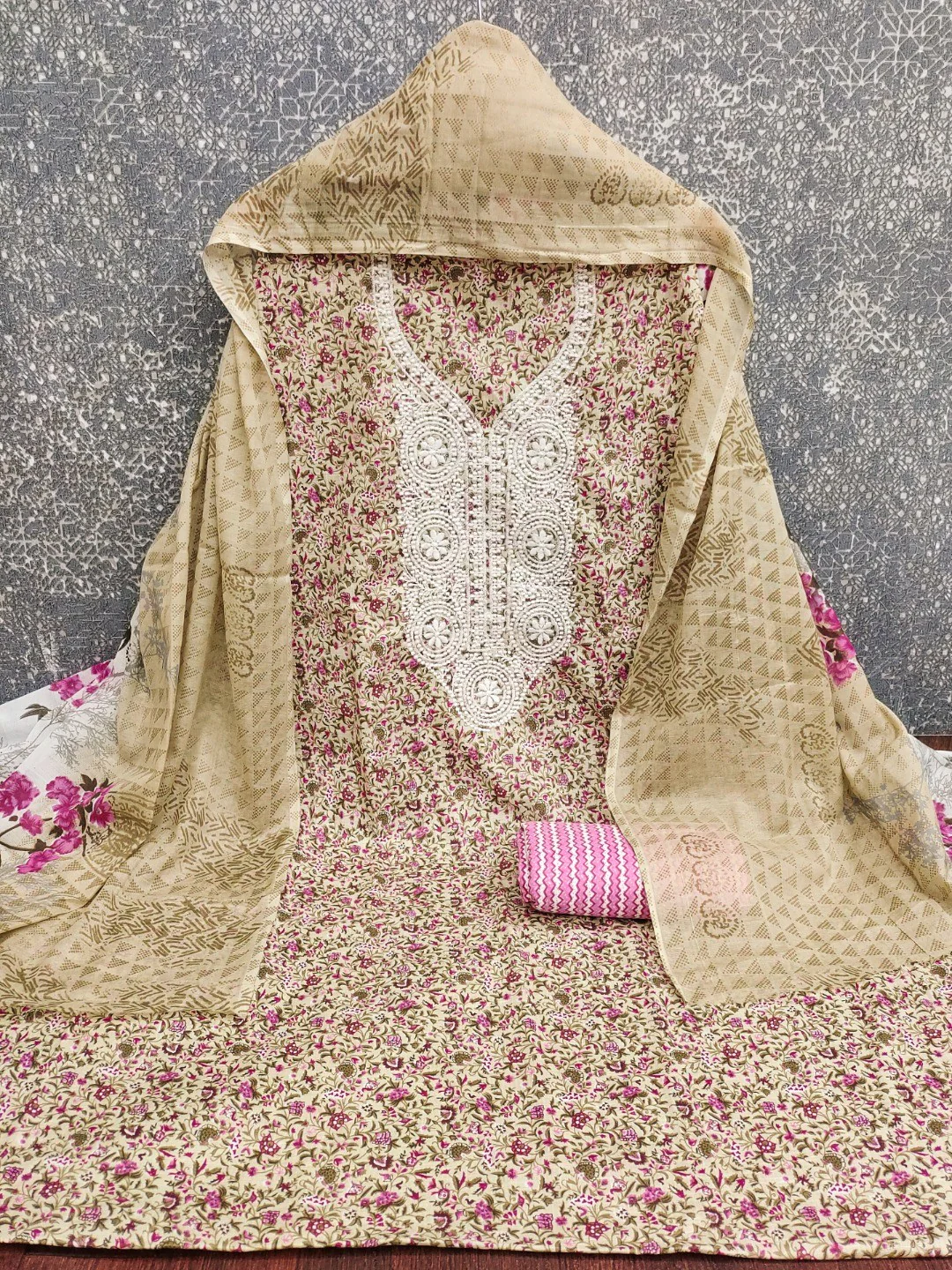Stylish Cream & Pink Floral Printed Cotton Blend Dress Material With Embroidery Neck Work - Image 2