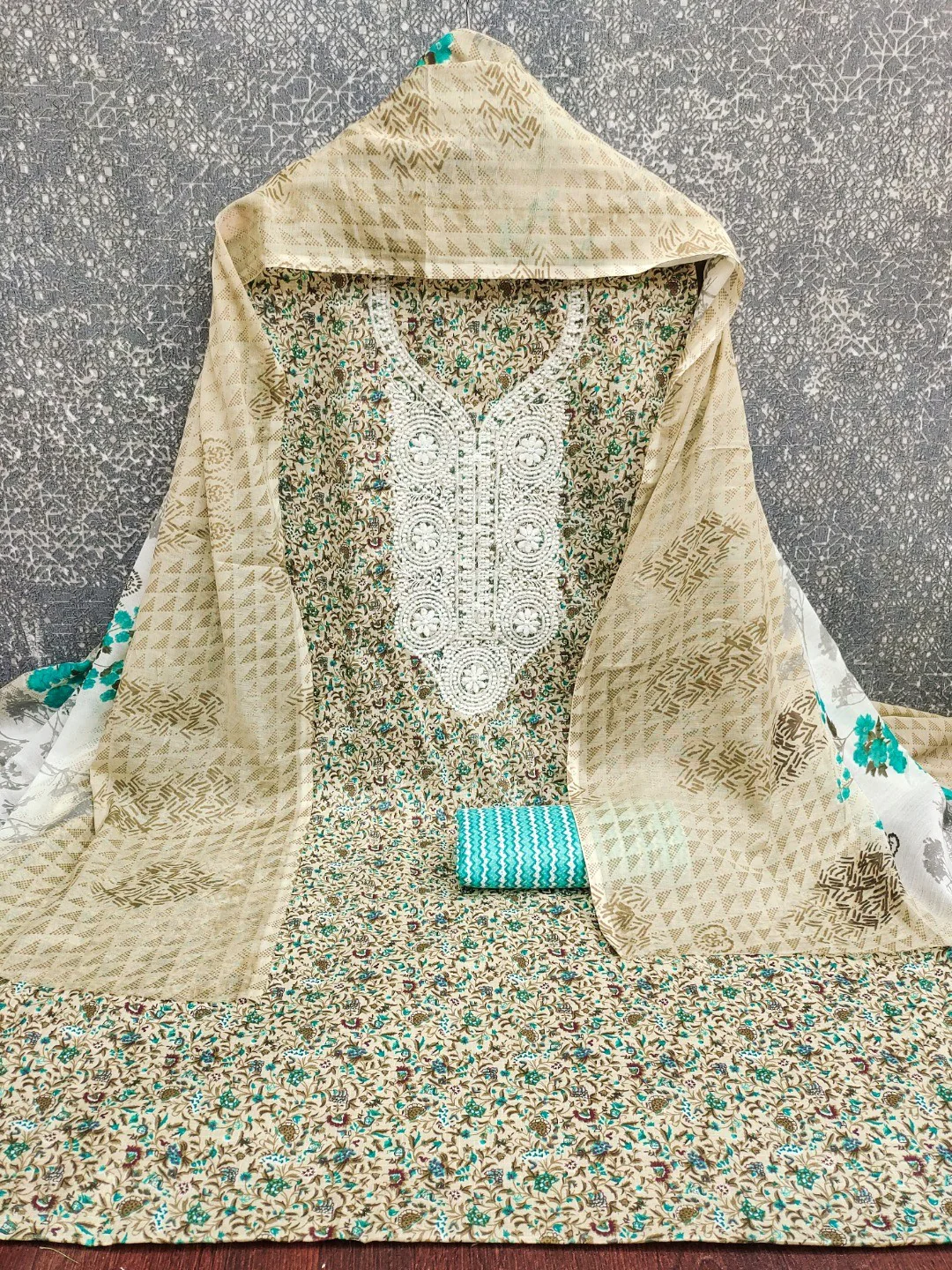 Stylish Cream & Turquoise Floral Printed Cotton Blend Dress Material With Embroidery Neck Work - Image 2