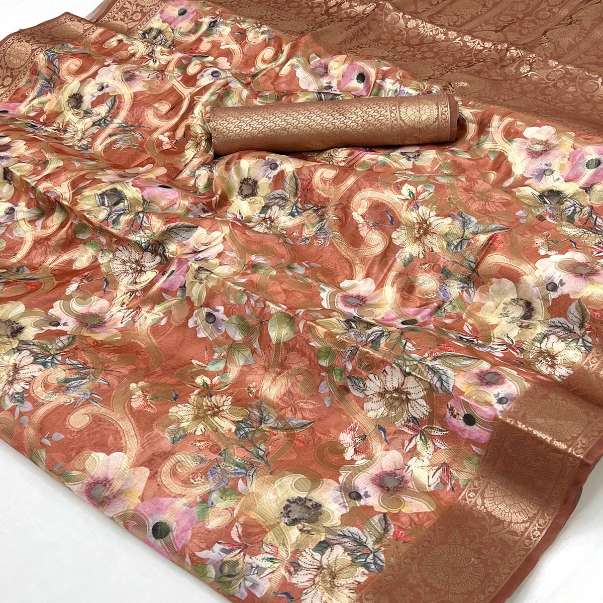 Stylish Dsuty Peach Floral Woven & Digital Printed Silk Blend Saree With Tassel Pallu - Image 2