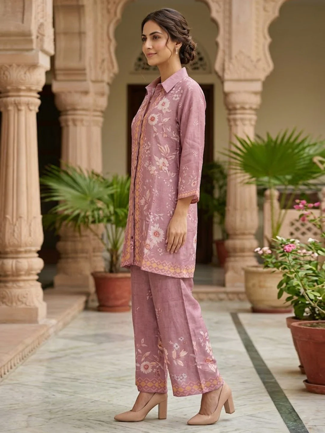 Stylish Dusty Pink Muslin Top and Palazzo Set with Floral Design Easy Fit Wear - Image 3