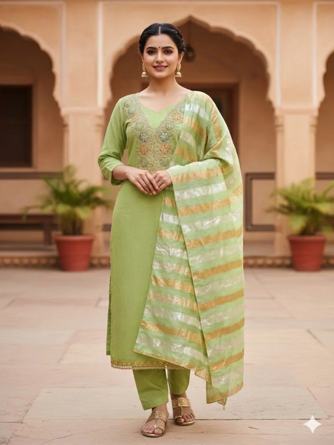 Stylish Green Butti Woven Chanderi Silk Dress Material With Sequins & Cording Embroidered Work