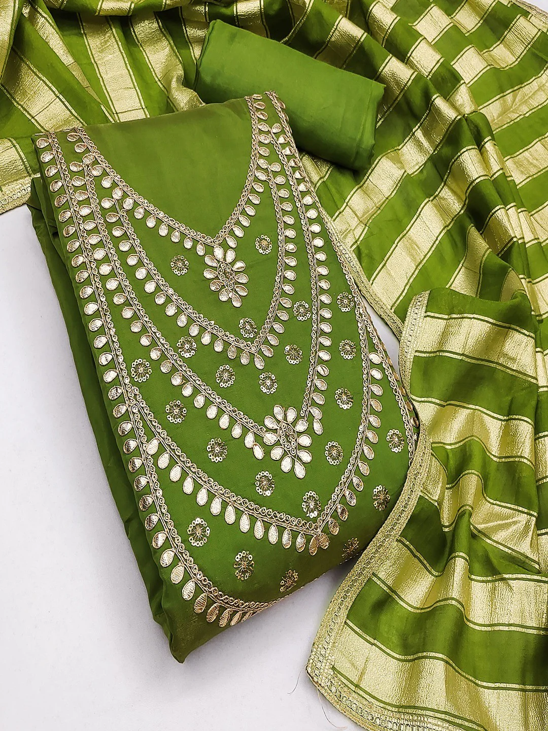 Stylish Green Cording & Sequins Embroidery With Gota Patti Work Roman Art Silk Dress Material - Image 4