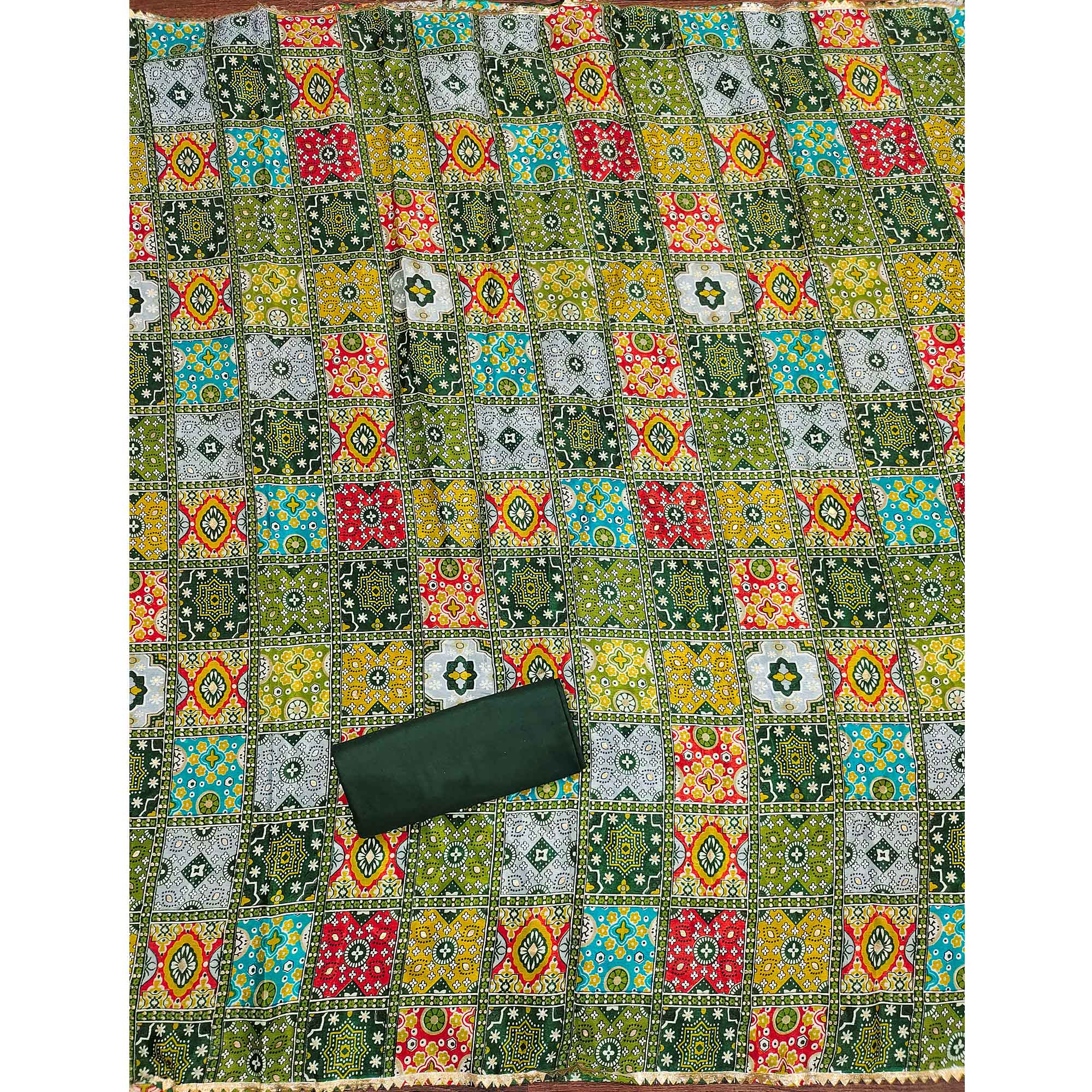 Stylish Green Cotton Blend Dress Material Enriched With Floral Embroidery & Sequins Work - Image 4