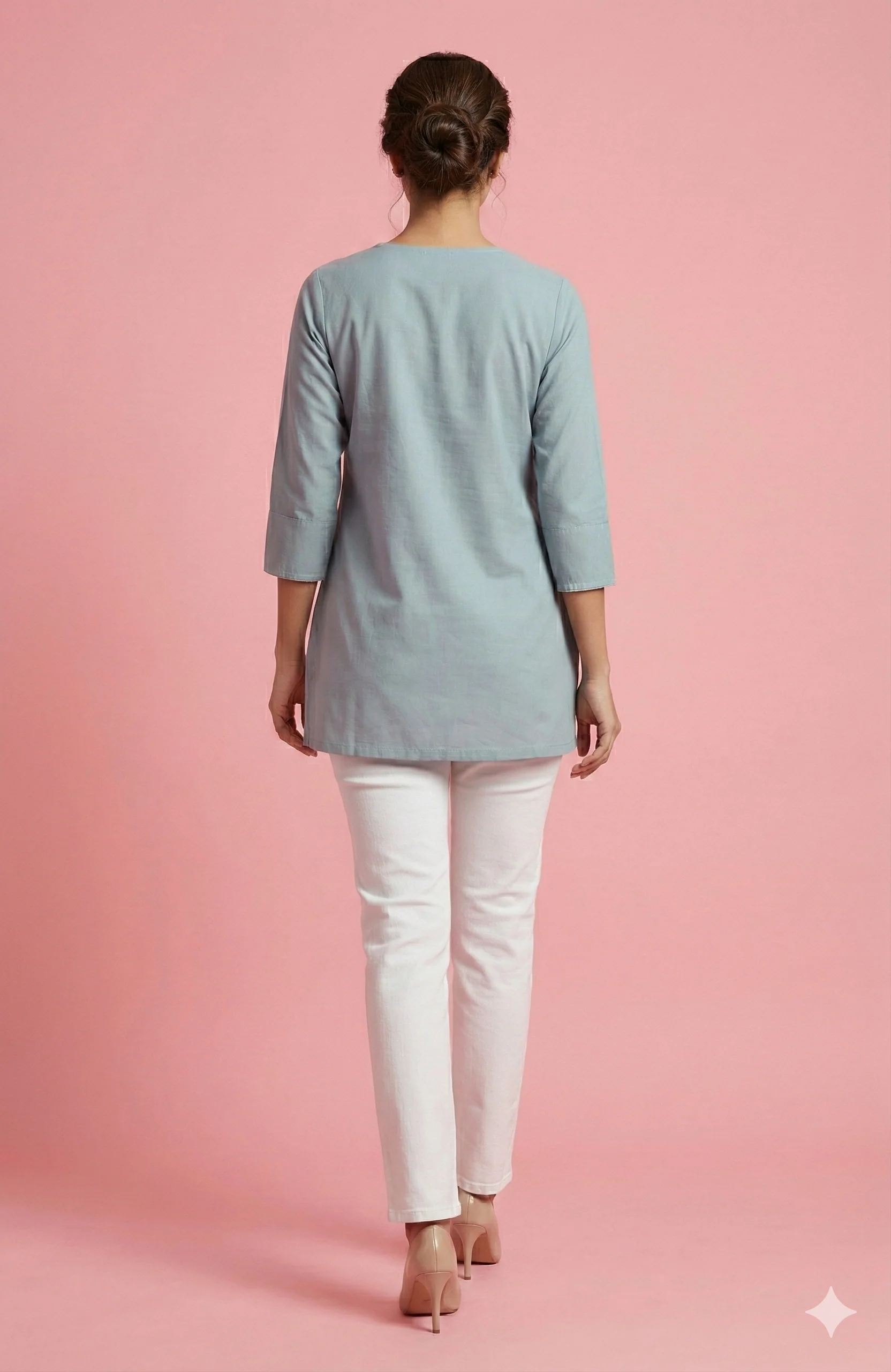 Stylish Grey V-Neck Short Pure Cotton Top Featuring Floral Thread Embroidery & Subtle Sequins Work - Image 3