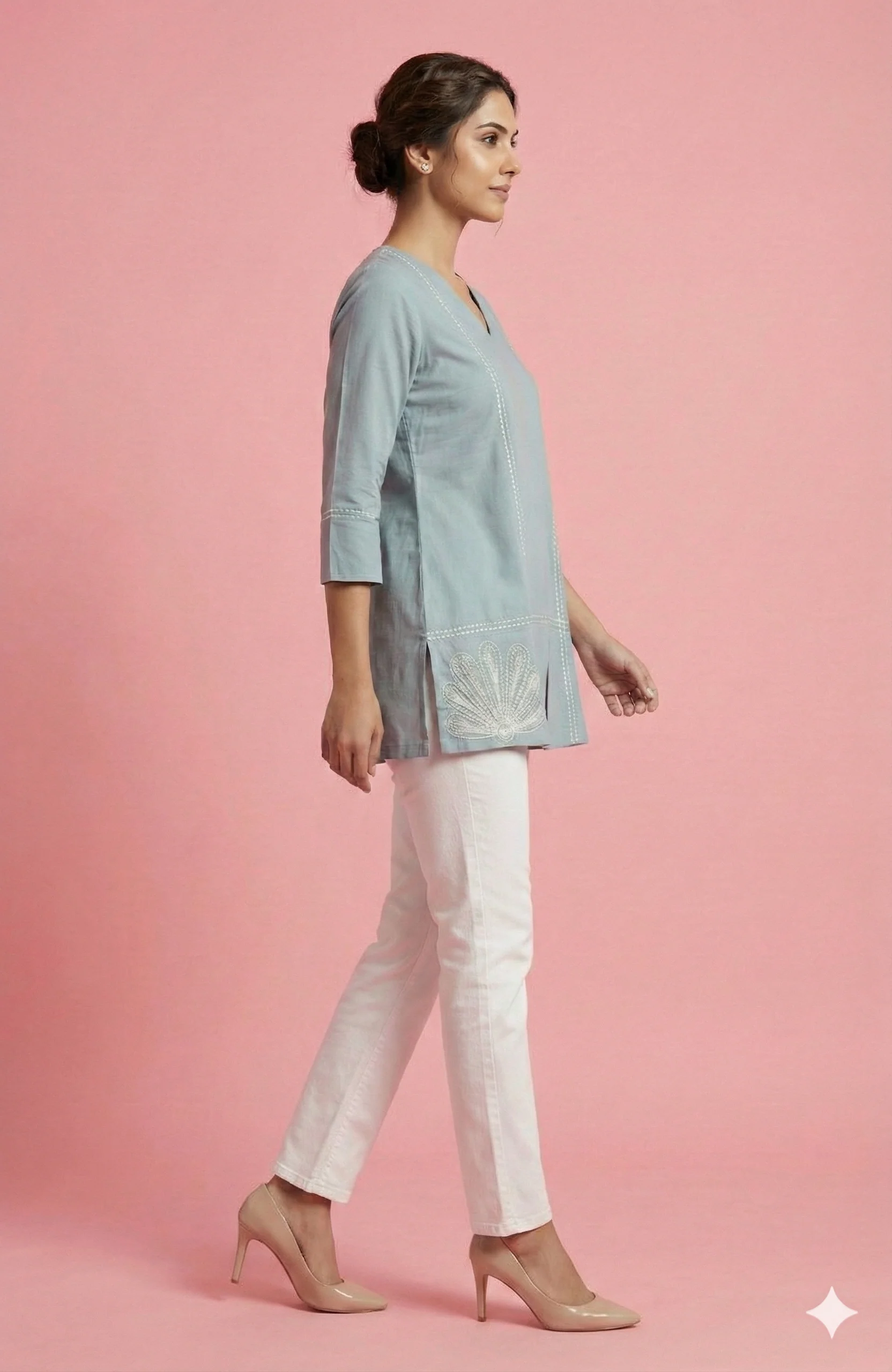 Stylish Grey V-Neck Short Pure Cotton Top Featuring Floral Thread Embroidery & Subtle Sequins Work - Image 4