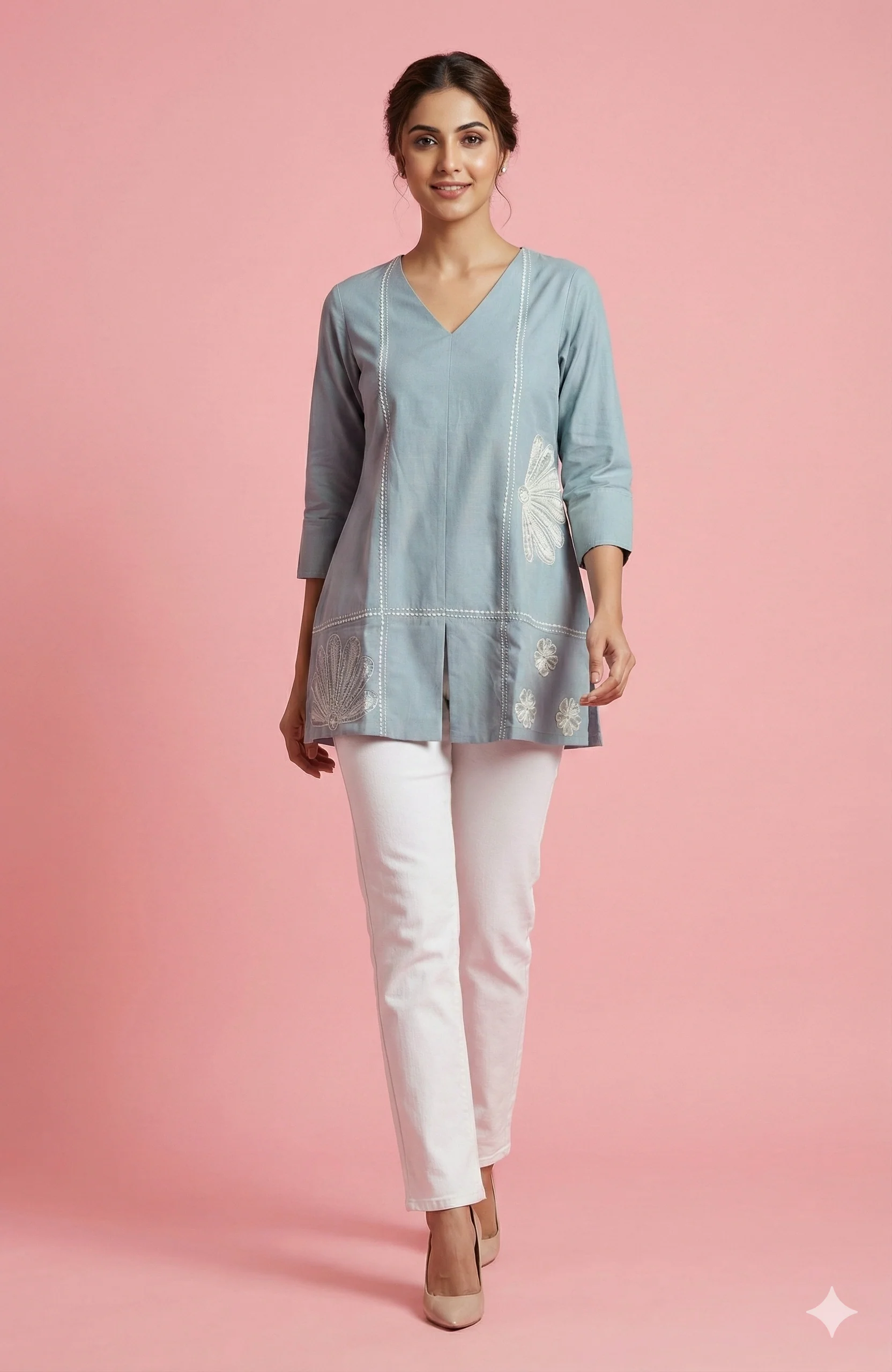 Stylish Grey V-Neck Short Pure Cotton Top Featuring Floral Thread Embroidery & Subtle Sequins Work - Image 5