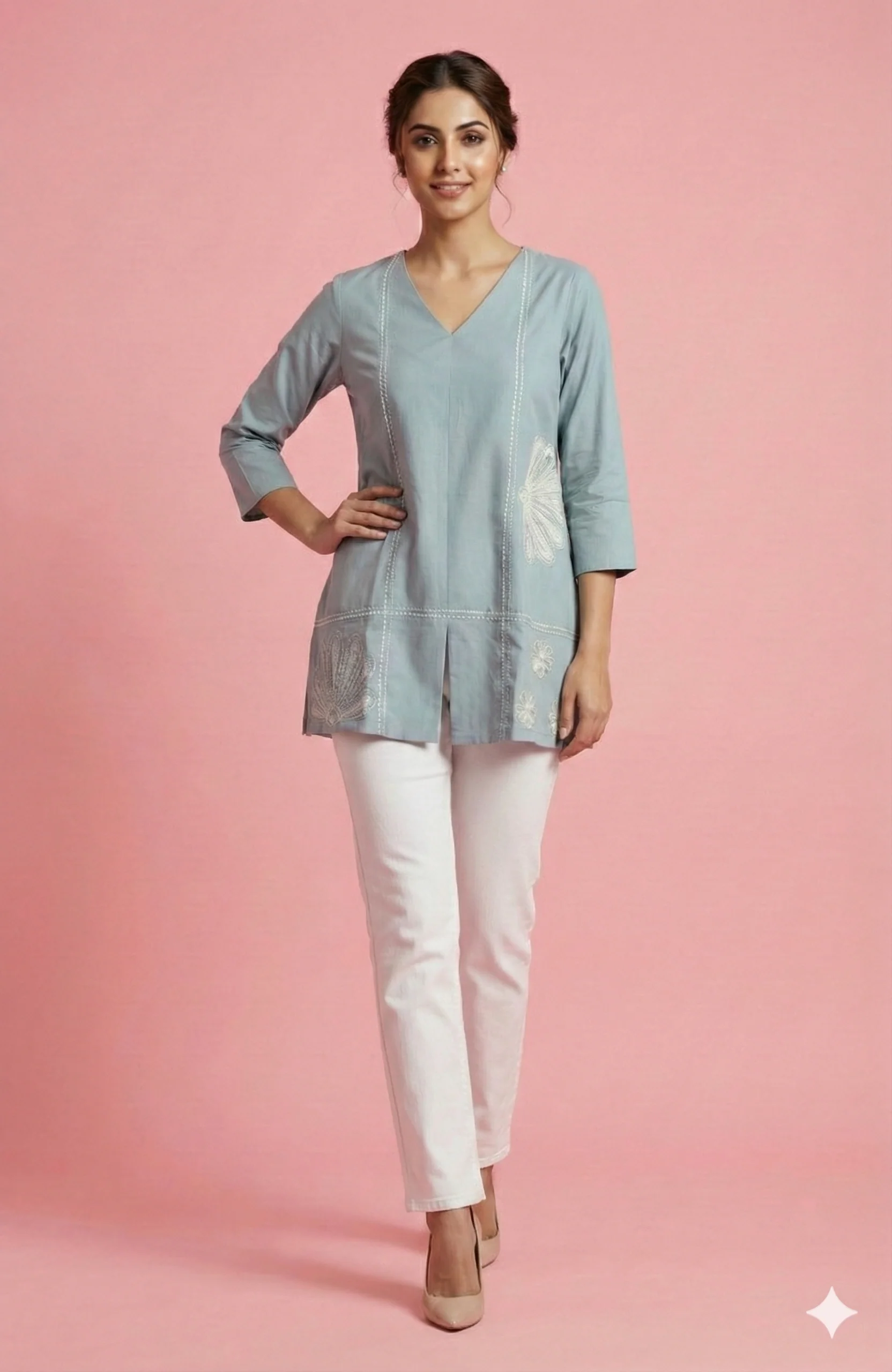 Stylish Grey V-Neck Short Pure Cotton Top Featuring Floral Thread Embroidery & Subtle Sequins Work - Image 6