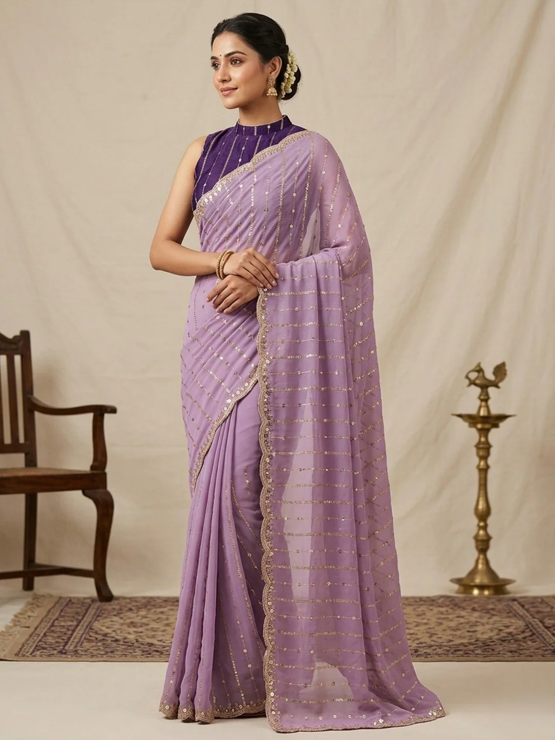 Stylish Lavender Stripe Pattern Georgette Saree With Shimmering Sequins Embroidery Work