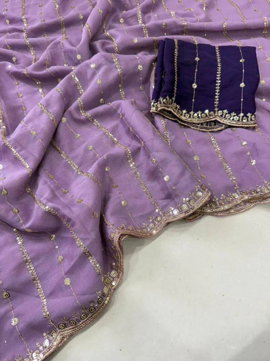 Stylish Lavender Stripe Pattern Georgette Saree With Shimmering Sequins Embroidery Work - Image 2