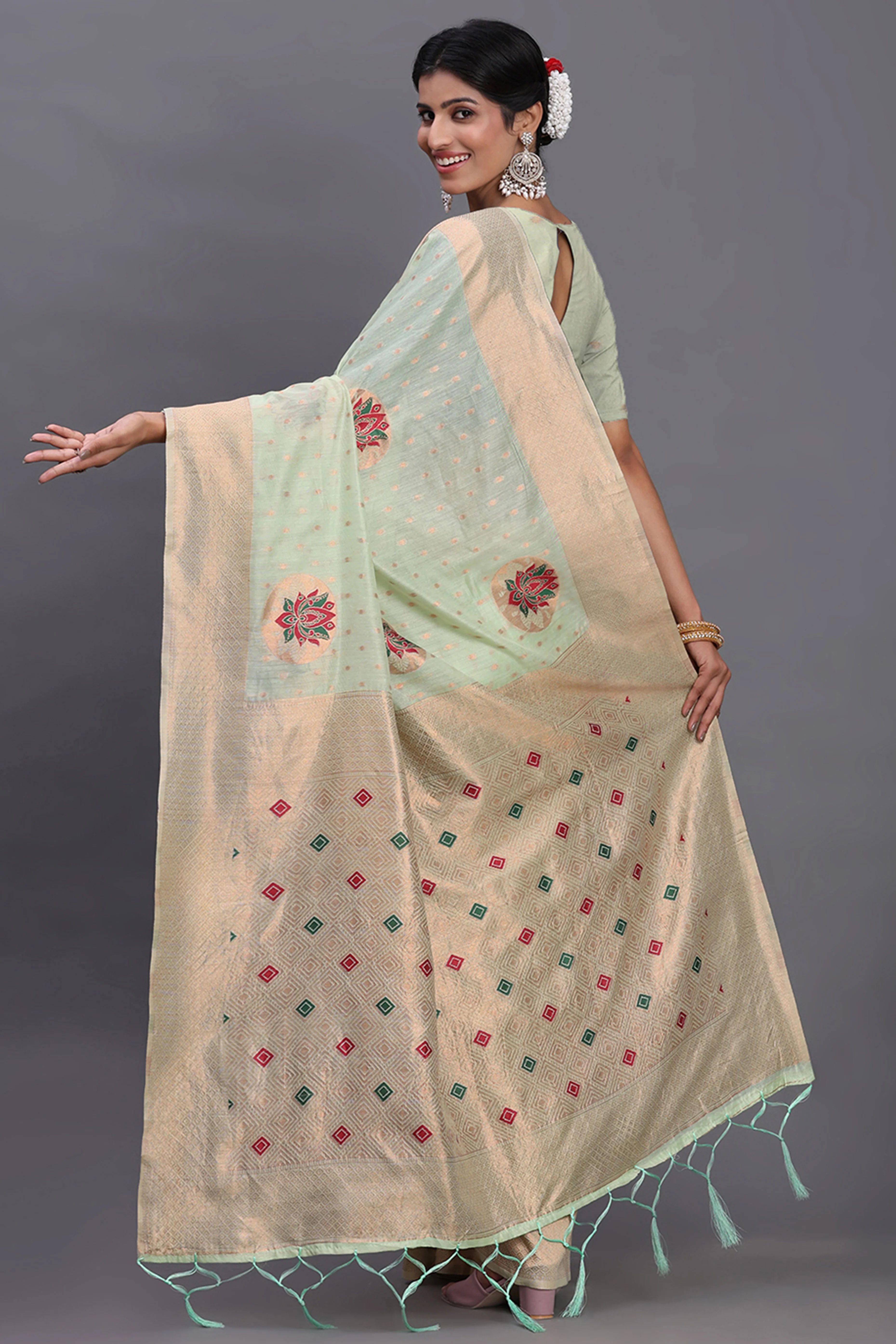 Stylish Light Green Floral Zari Weaving Linen Cotton Saree With Graceful Tassel Pallu - Image 5