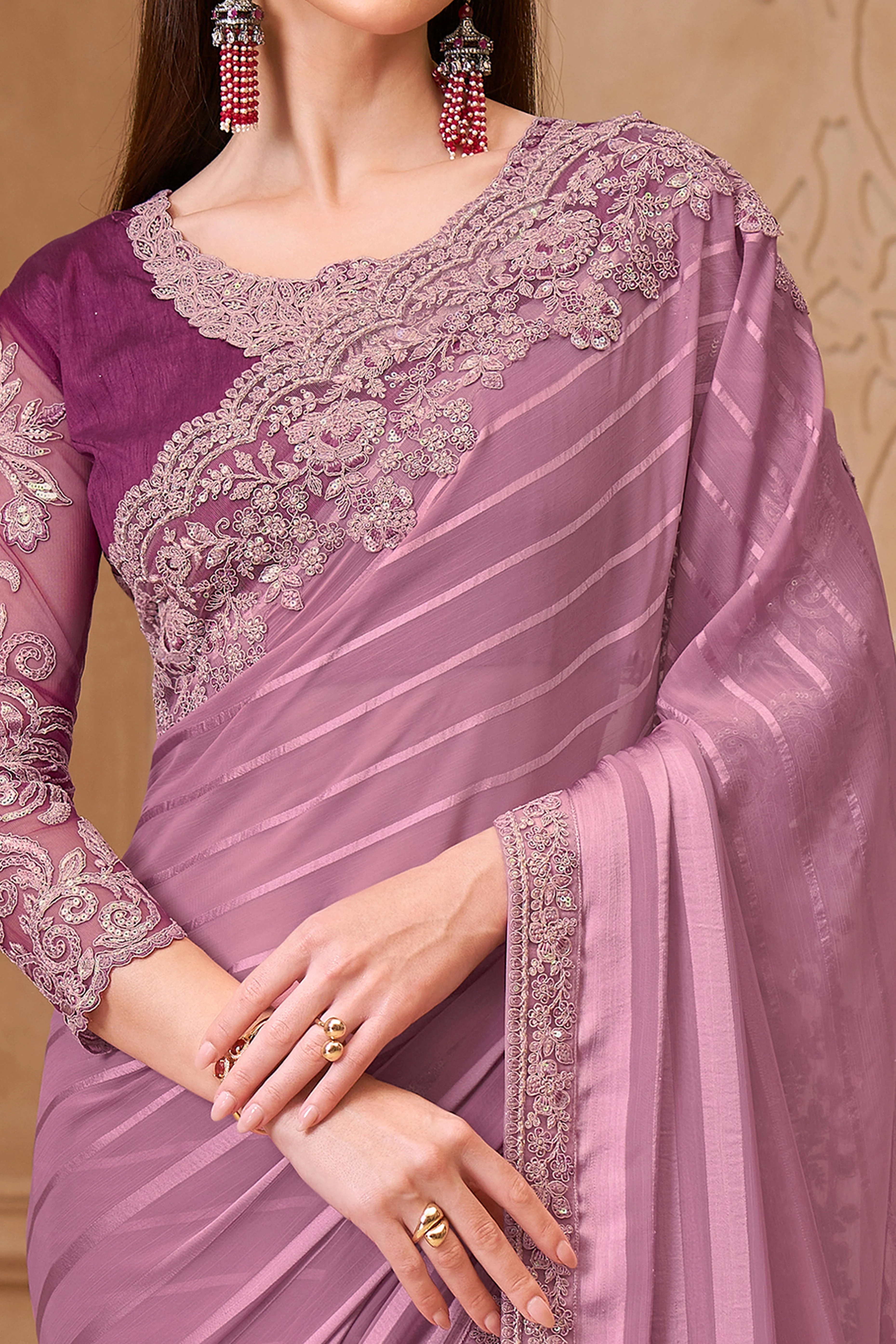 Stylish Light Pink Chiffon Saree Crafted with Sequin Detailing and Thread Embroidery - Image 2