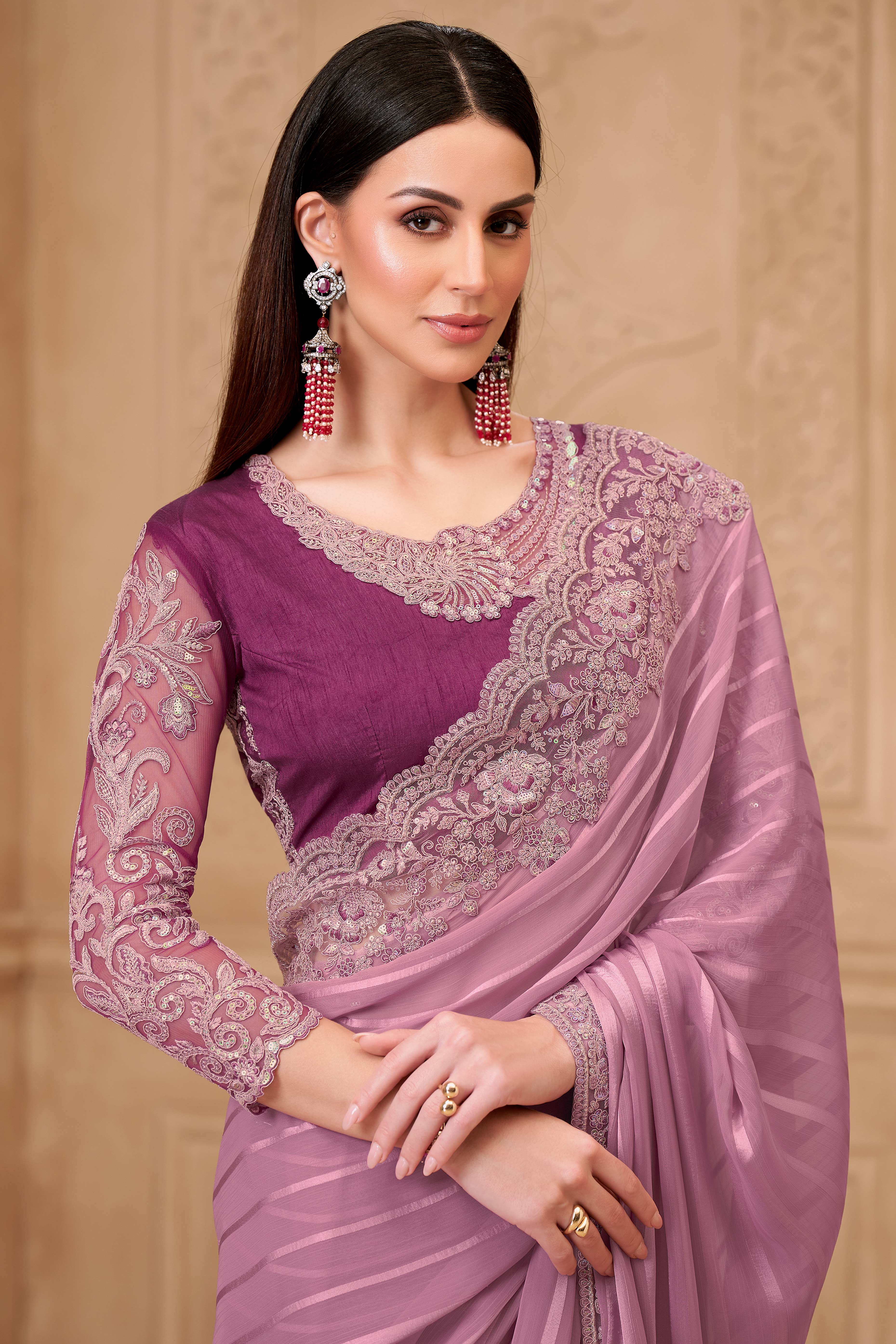 Stylish Light Pink Chiffon Saree Crafted with Sequin Detailing and Thread Embroidery - Image 3