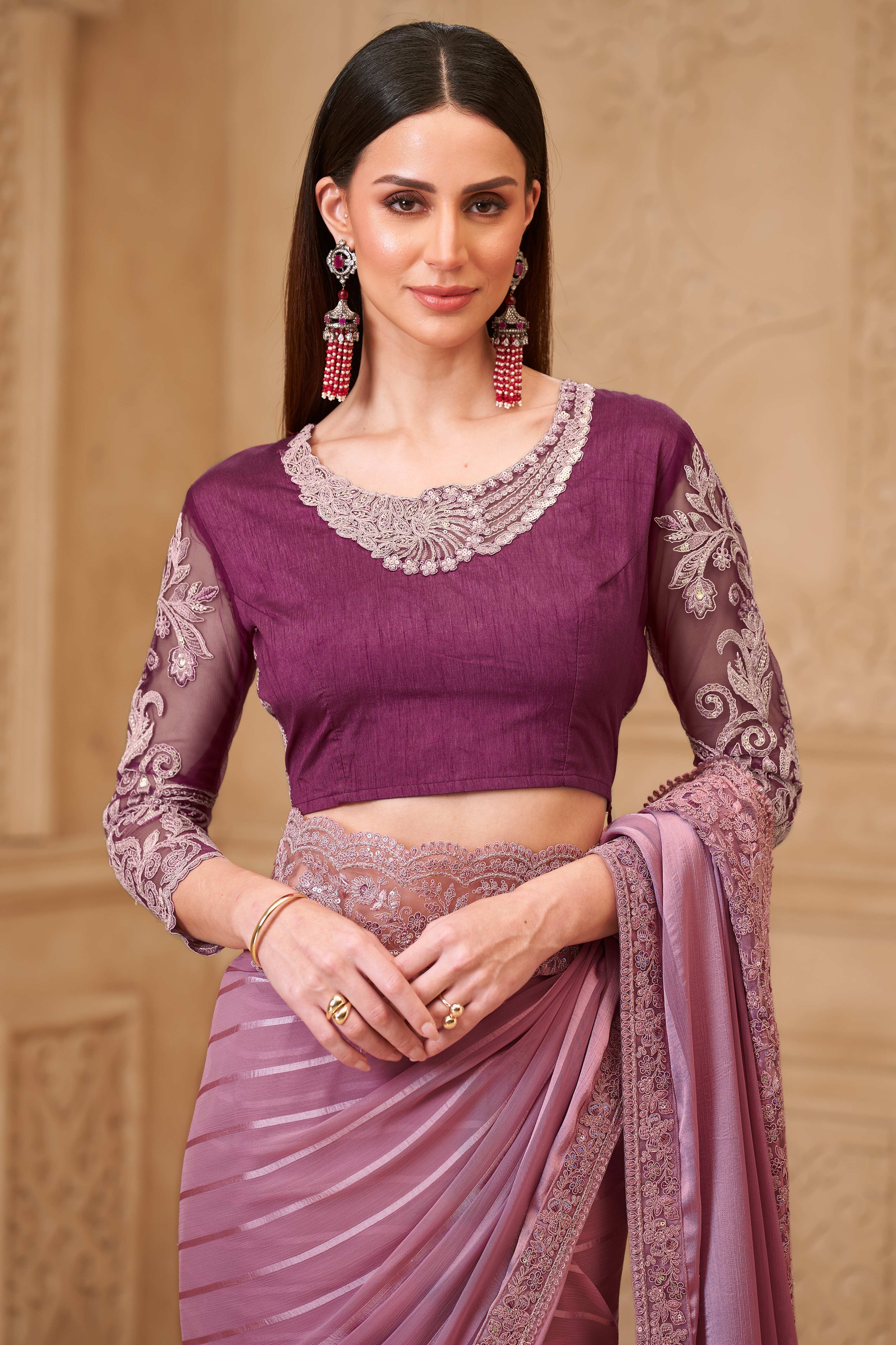 Stylish Light Pink Chiffon Saree Crafted with Sequin Detailing and Thread Embroidery - Image 4