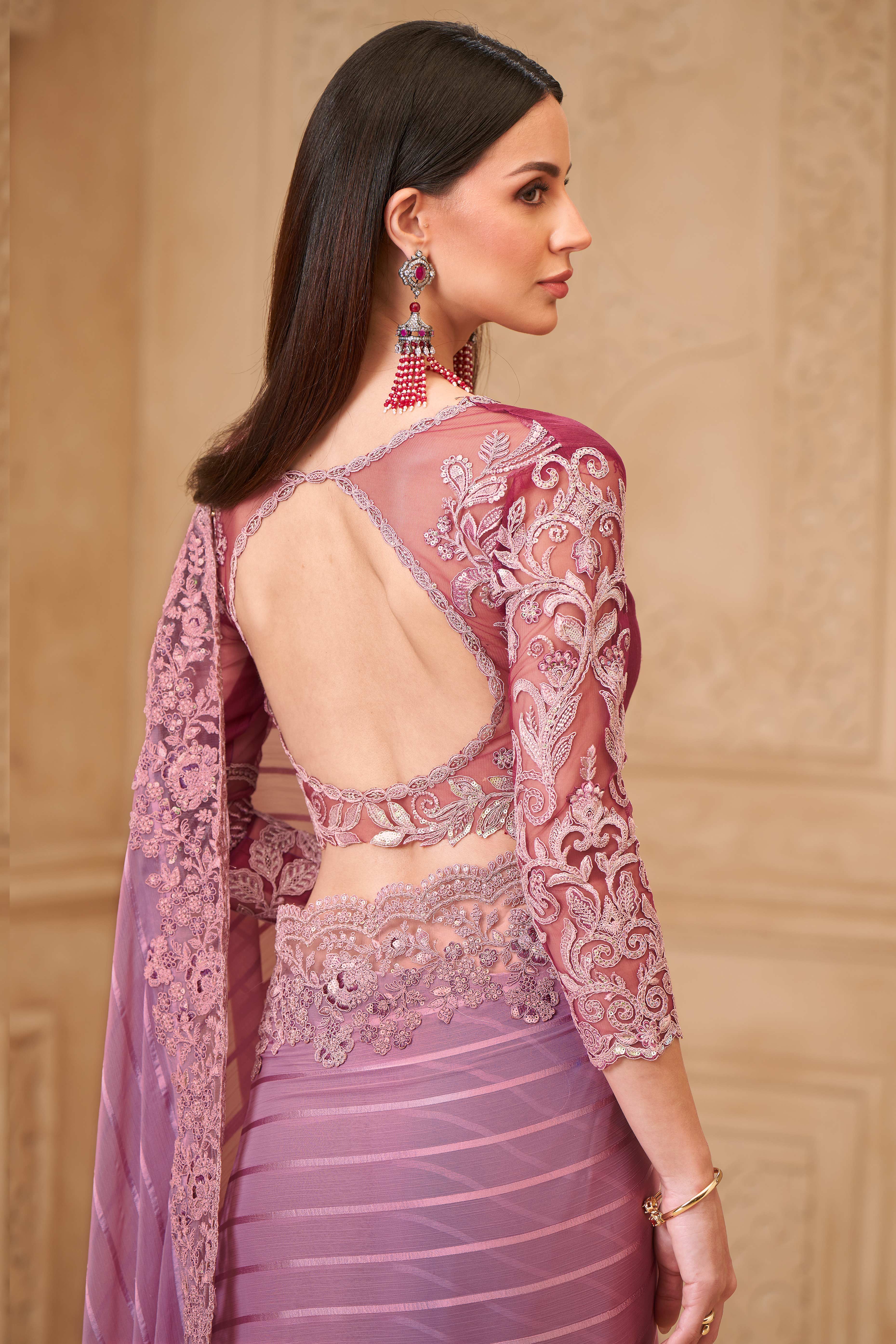 Stylish Light Pink Chiffon Saree Crafted with Sequin Detailing and Thread Embroidery - Image 5