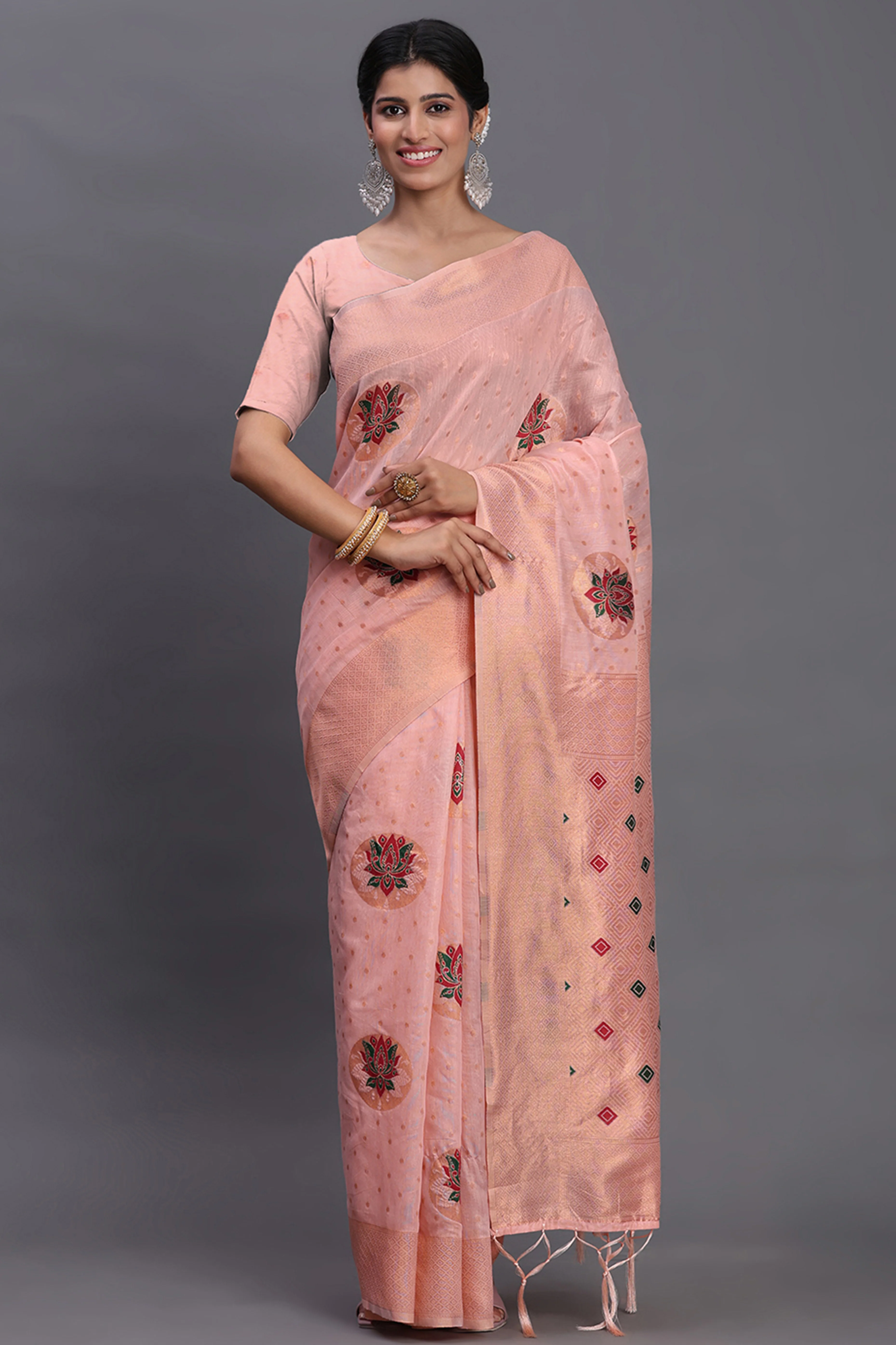 Stylish Light Pink Floral Zari Weaving Linen Cotton Saree With Graceful Tassel Pallu - Image 3