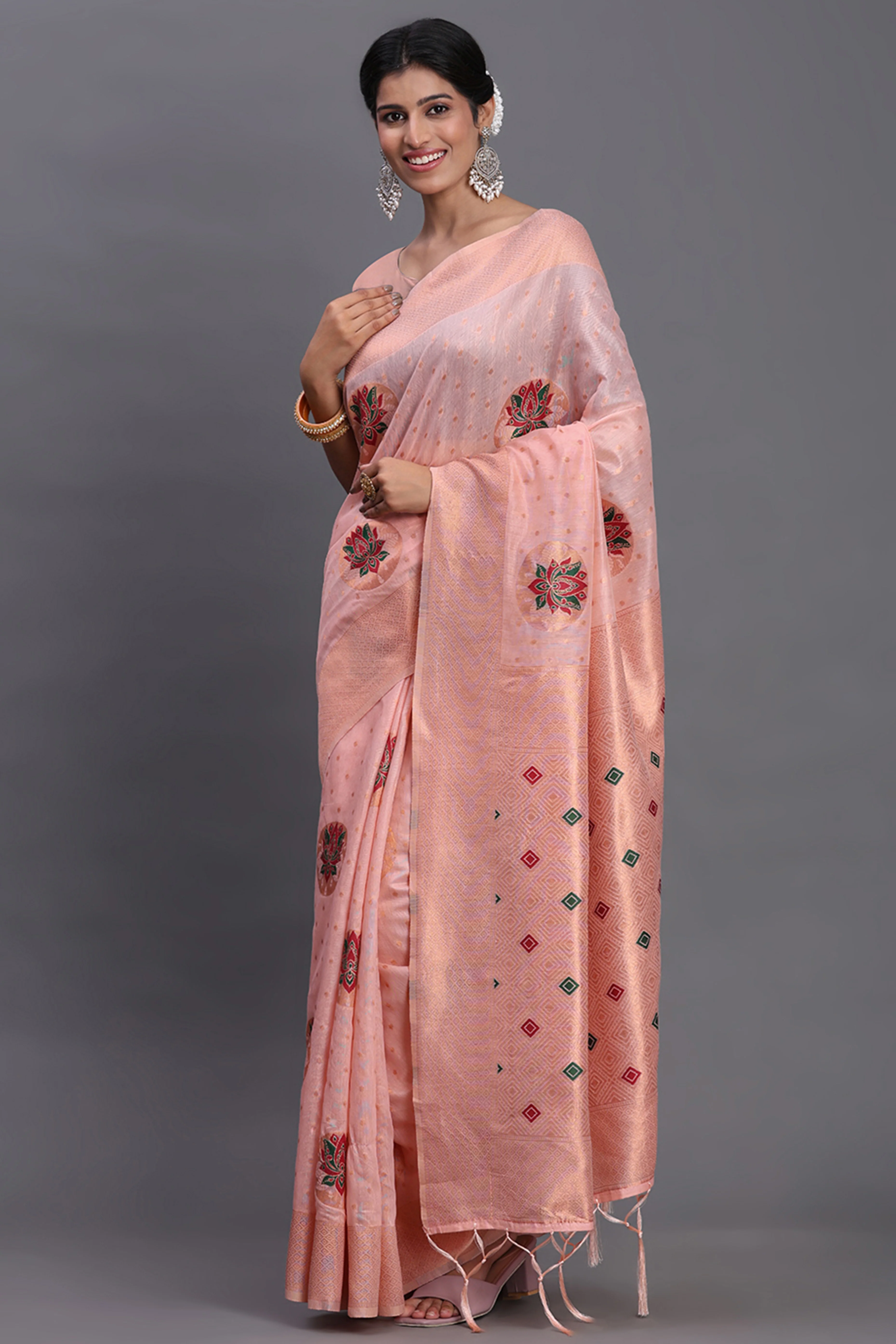 Stylish Light Pink Floral Zari Weaving Linen Cotton Saree With Graceful Tassel Pallu - Image 4