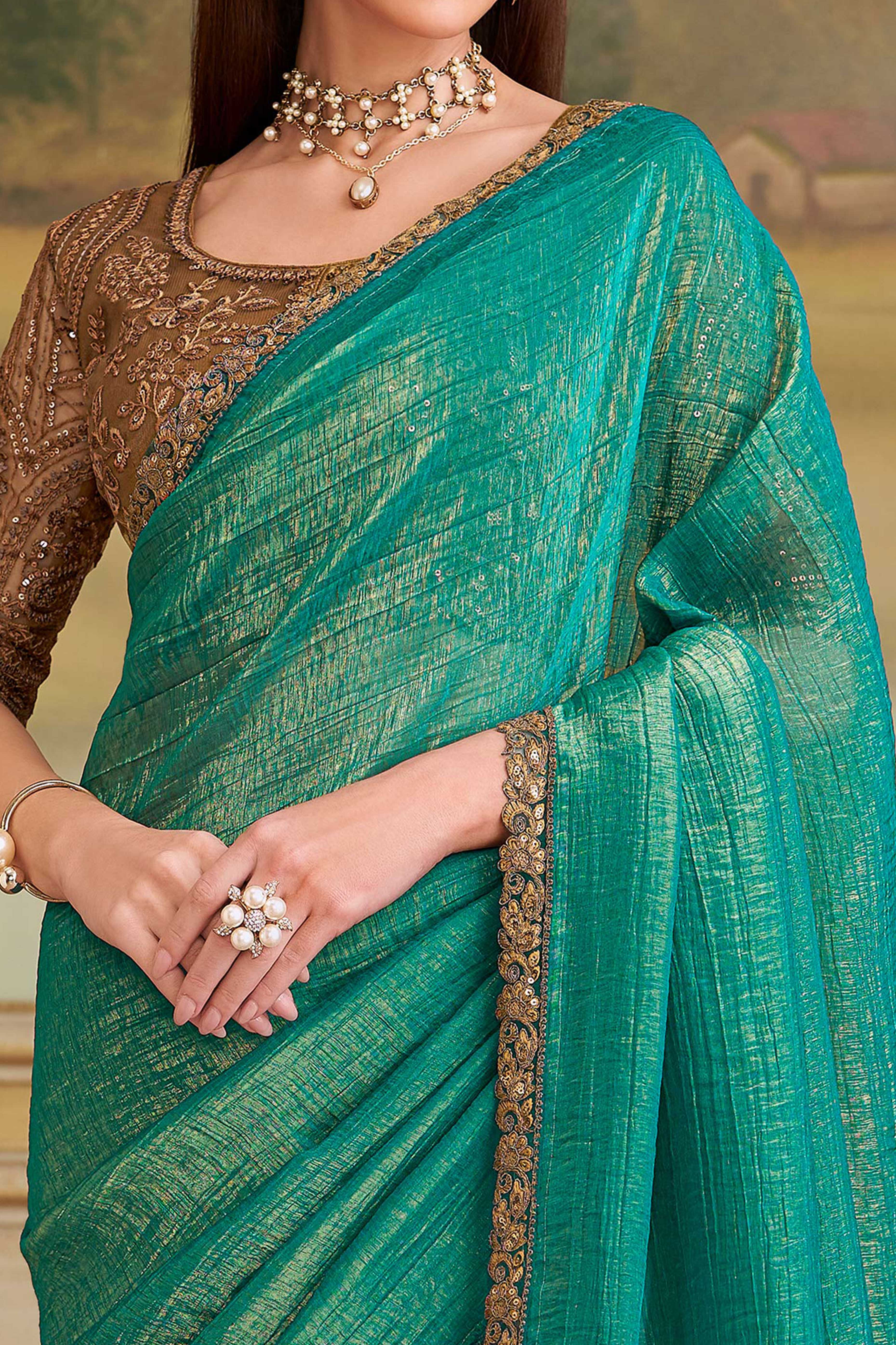 Stylish Light Sea Green Georgette Saree Featuring Floral Sequins Embroidered Designer Lace Border - Image 2