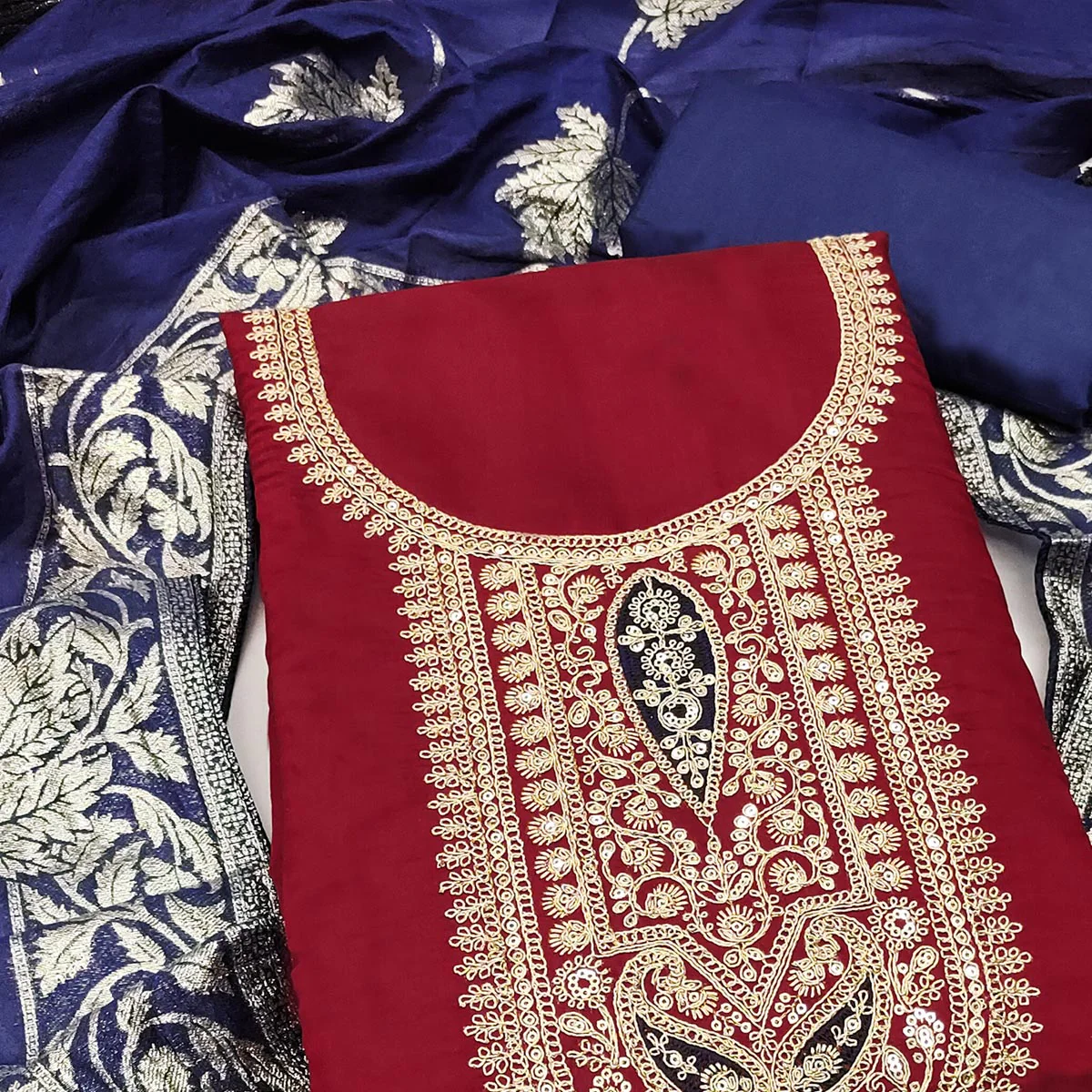 Stylish Maroon Floral Cording Embroidered Silk Blend Dress Material Accented With Sequins Work - Image 2